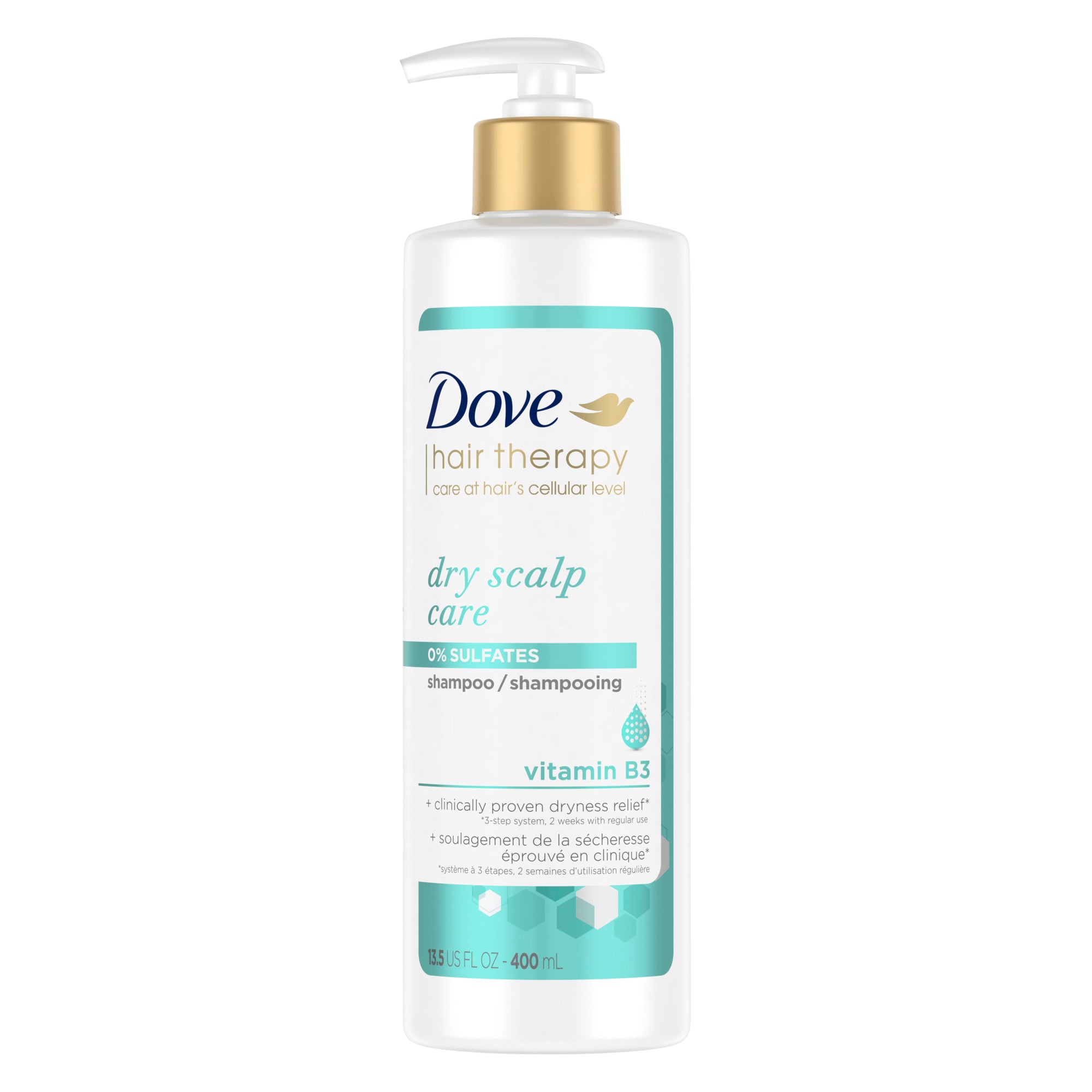 An image showing the frontside view of the Dove Hair Therapy Dry Scalp Shampoo product packaging.