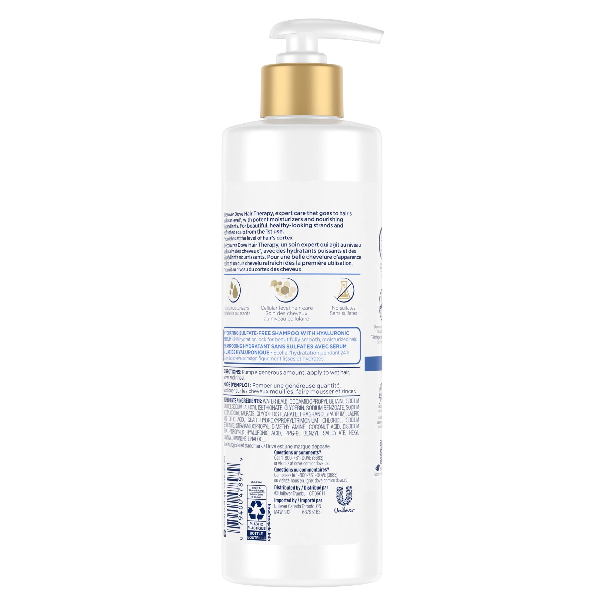 An image showing the frontside view of the Dove Hair Therapy Hydration Spa Shampoo product packaging.