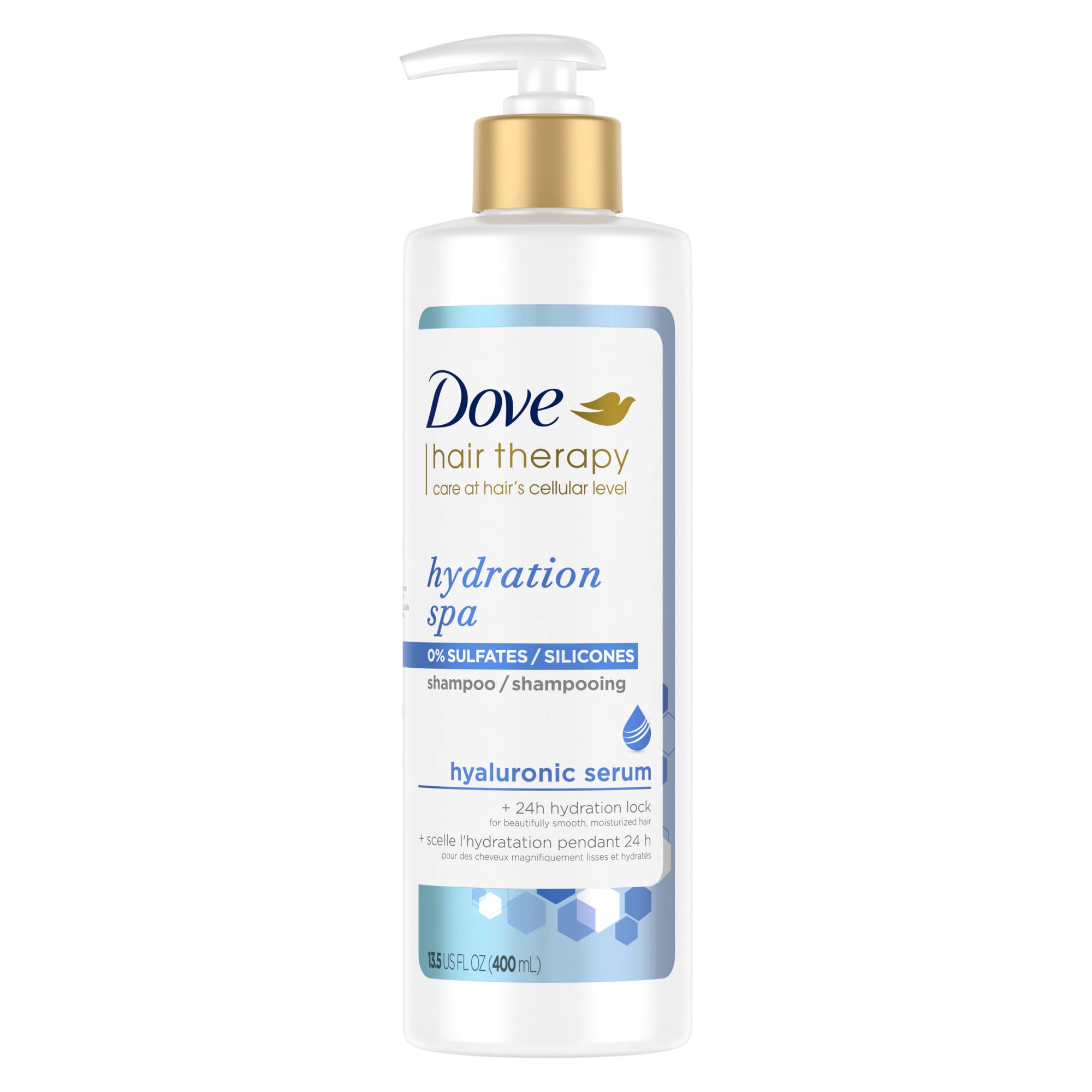 An image showing the frontside view of the Dove Hair Therapy Hydration Spa Shampoo product packaging.