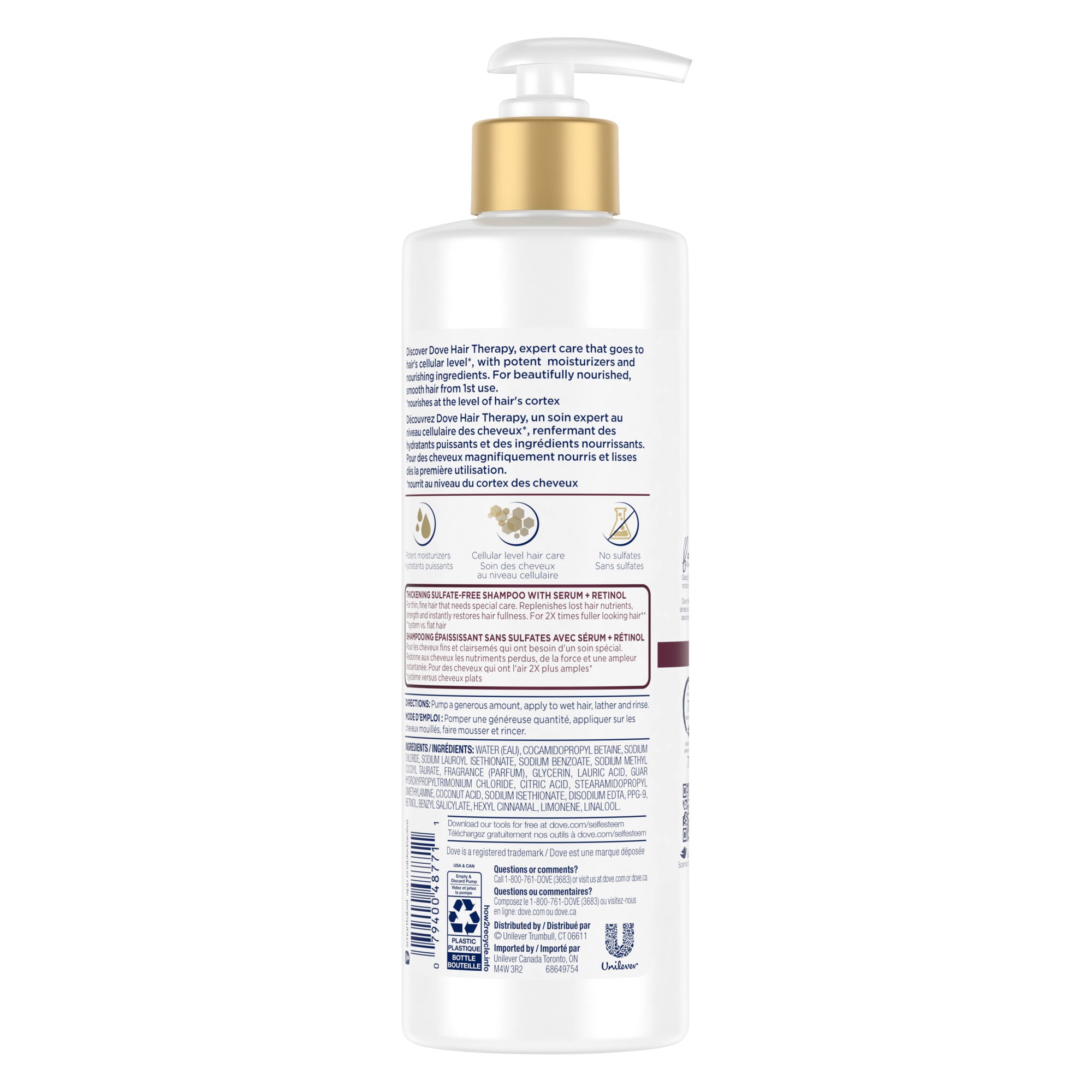 An image showing the frontside view of the Dove Hair Therapy Strength & Fullness Boost Shampoo product packaging.