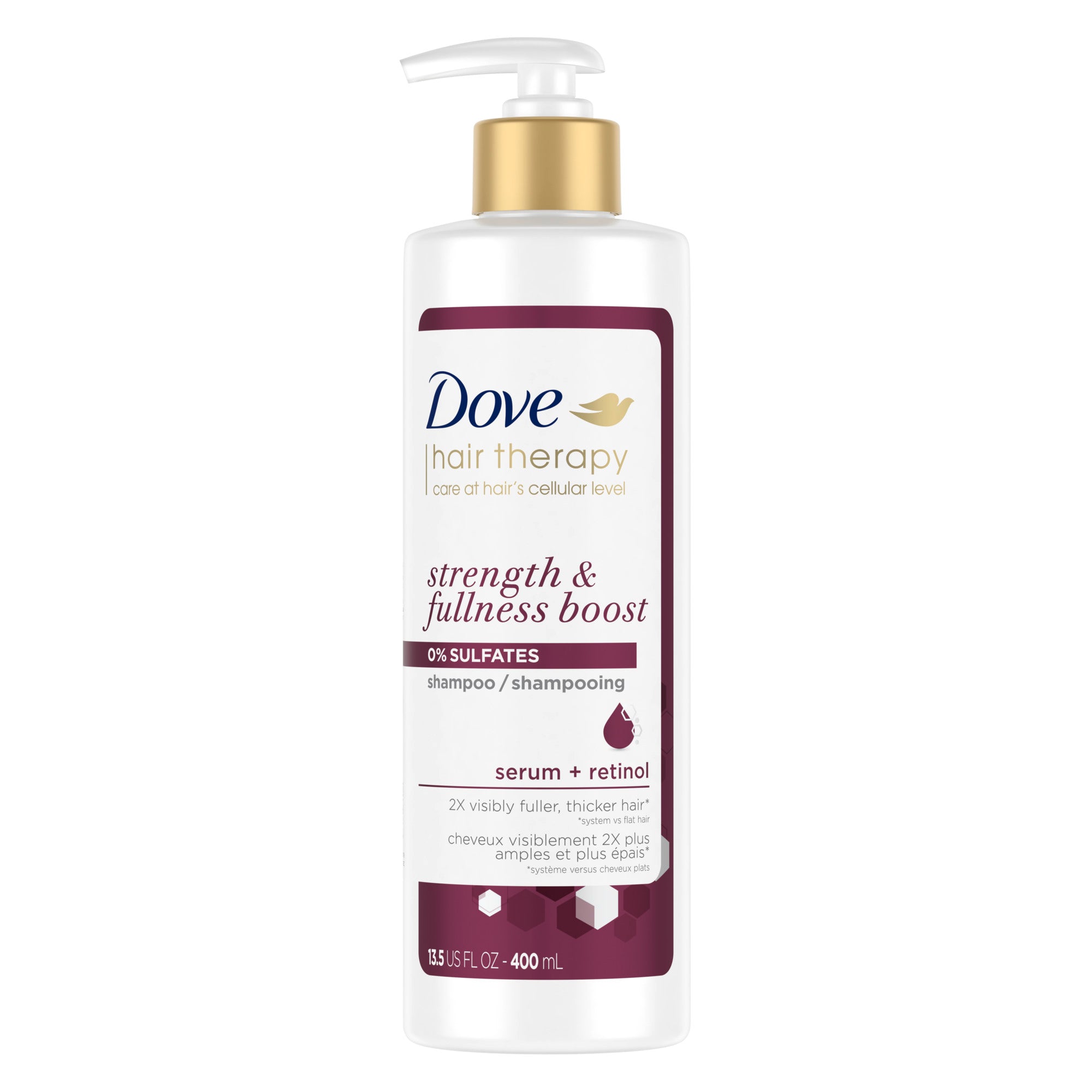 An image showing the frontside view of the Dove Hair Therapy Strength & Fullness Boost Shampoo product packaging.