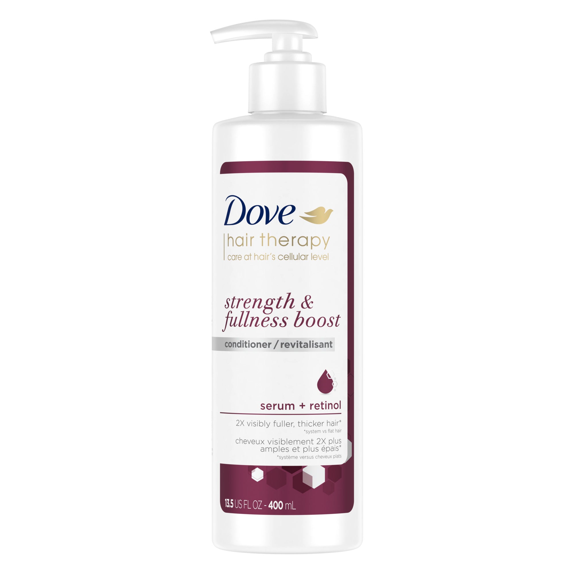 An image showing the frontside view of the Dove Hair Therapy Strength & Fullness Boost conditioner product packaging.