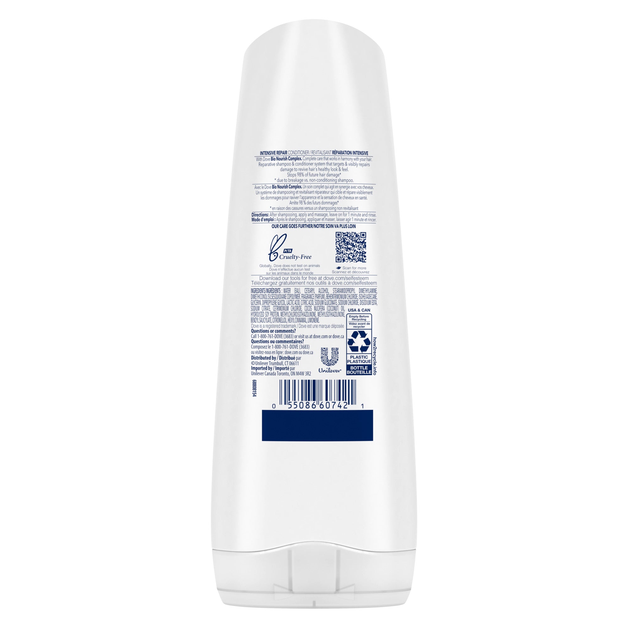 Front view of the white and blue Dove Intensive Repair Conditioner with Bio-Nourish Complex 355ml packaging.