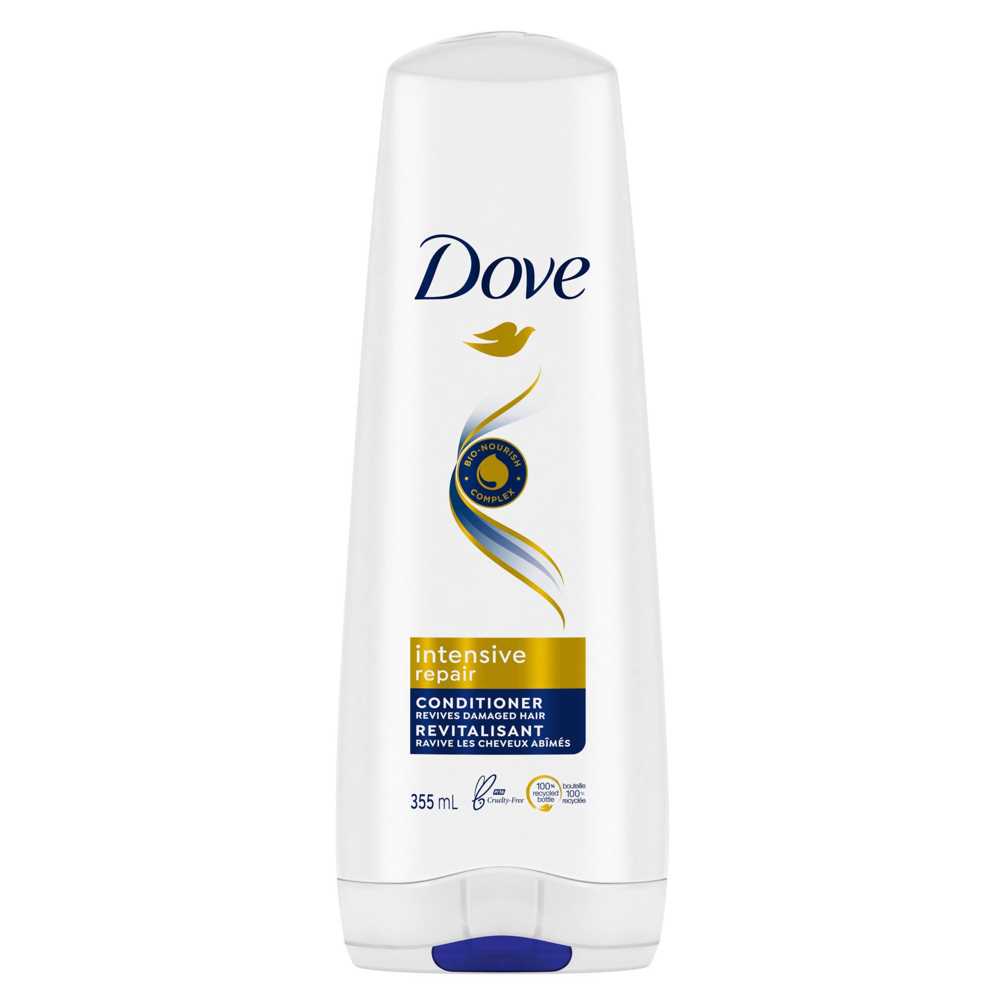 Front view of the white and blue Dove Intensive Repair Conditioner with Bio-Nourish Complex 355ml packaging.