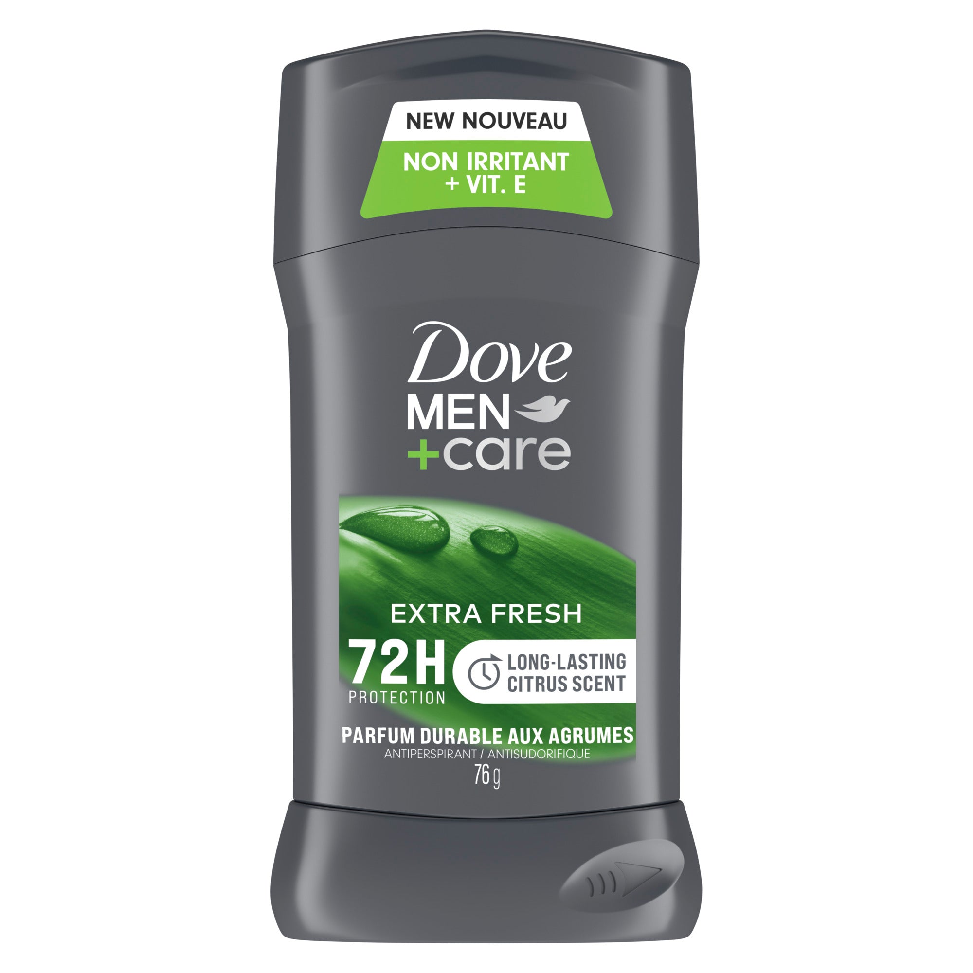 Showing the front angle view of the Dove Men+Care Extra Fresh Antiperspirant Stick 76g product packaging.