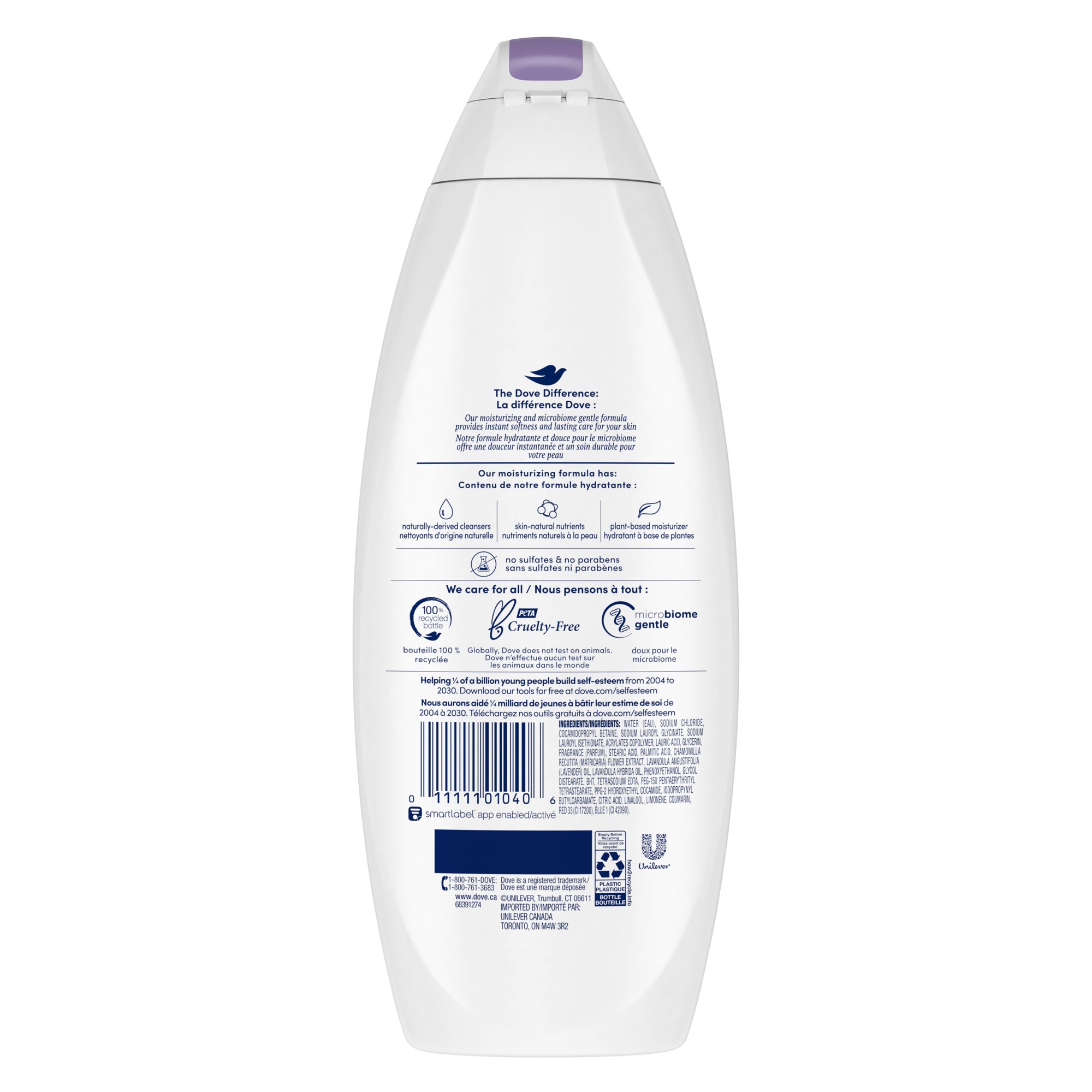 Showing the front angle view of the Dove Relaxing Lavender Oil & Chamomile Body Wash 650ml product.