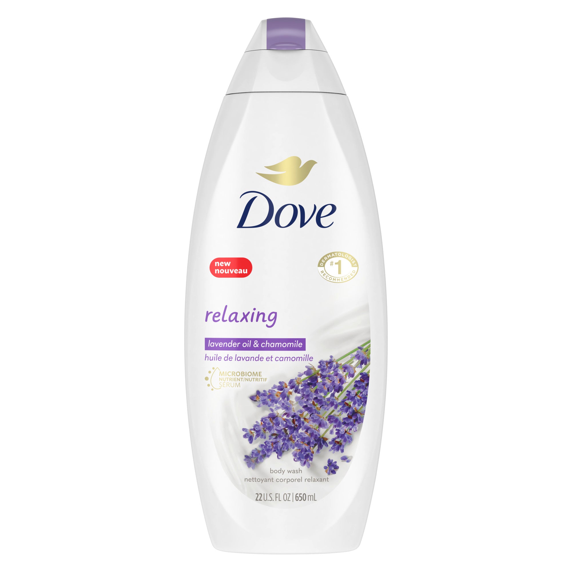 Showing the front angle view of the Dove Relaxing Lavender Oil & Chamomile Body Wash 650ml product.