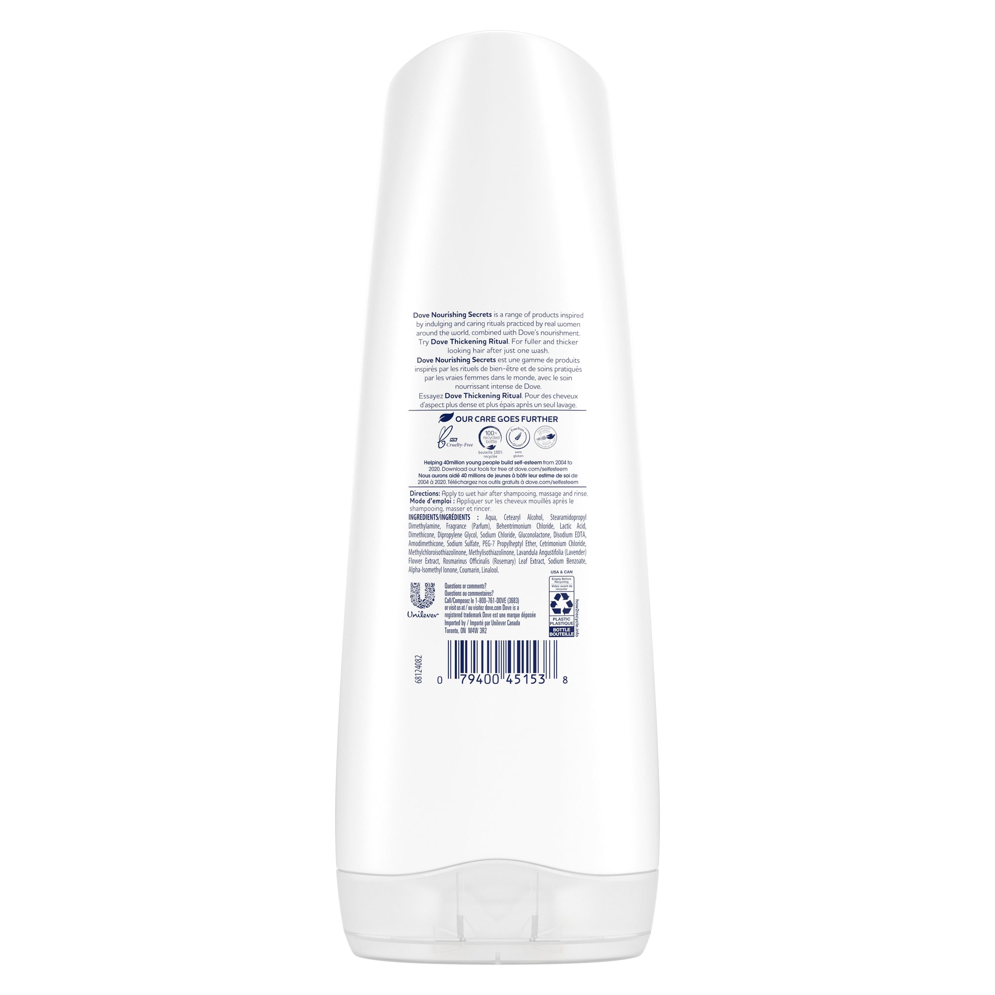 Showing the front angle view of the Dove Thickening Ritual Lavender Conditioner 355ml product.