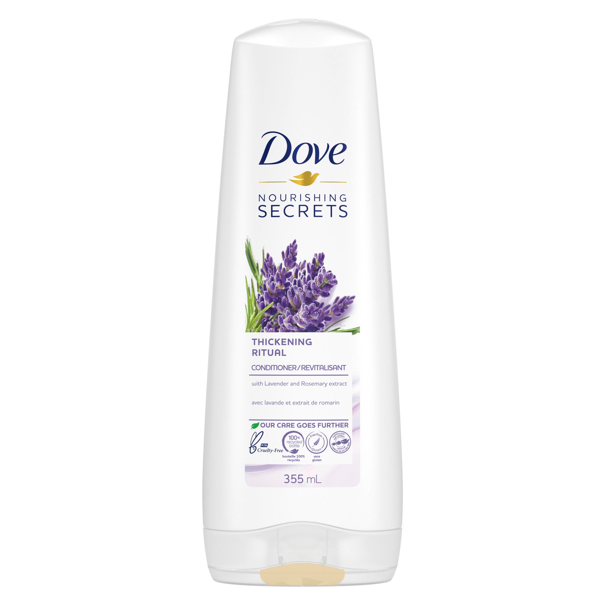 Showing the front angle view of the Dove Thickening Ritual Lavender Conditioner 355ml product.