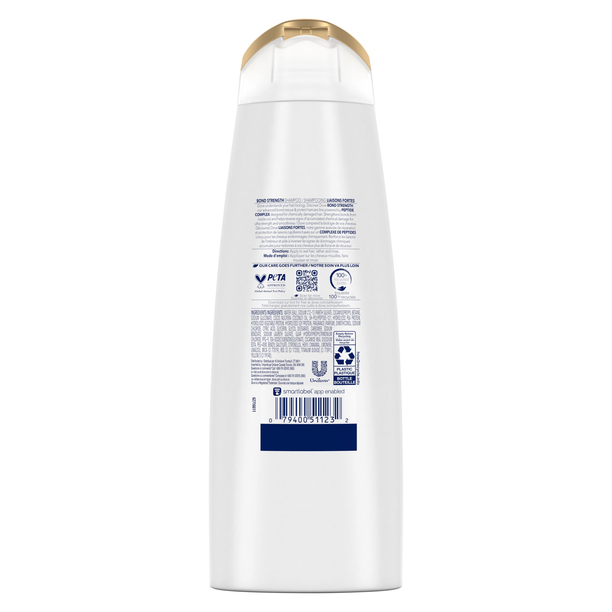 An image showing the frontside view of the Dove Bond Strength Repair Shampoo product packaging.