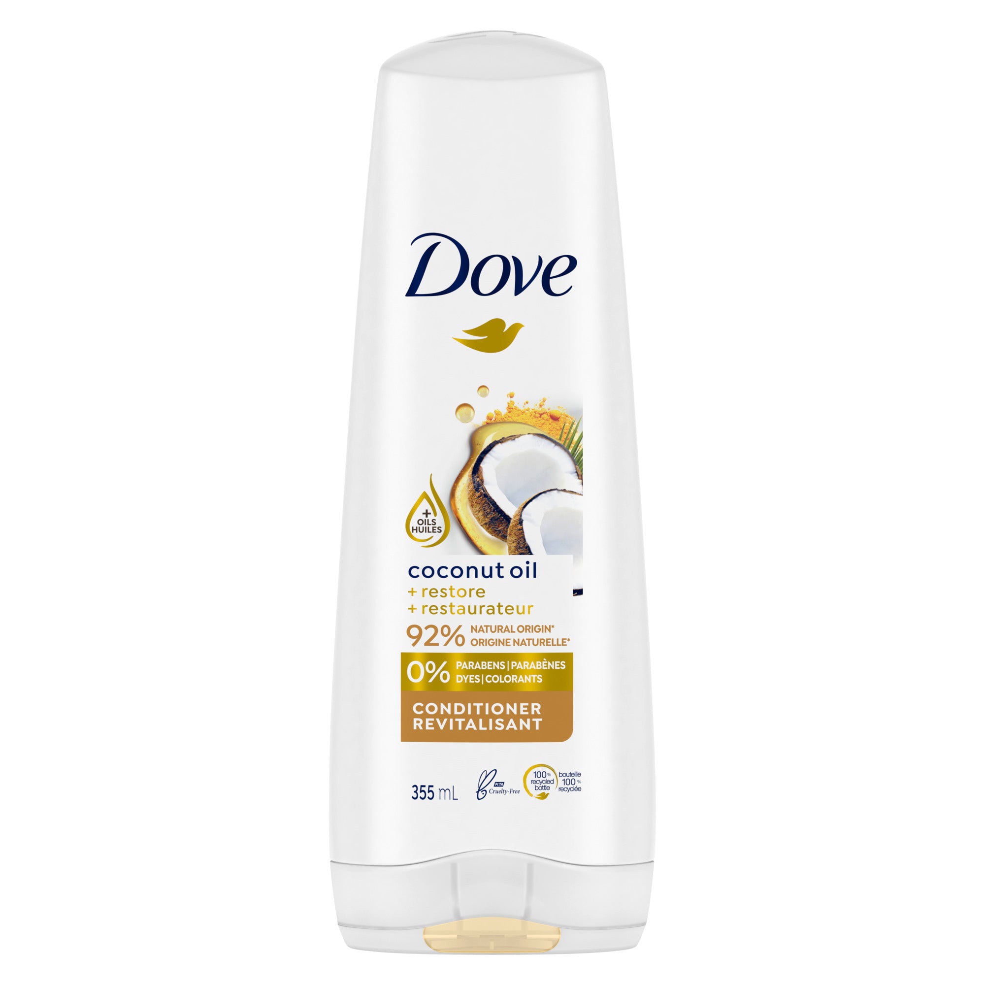 Showing the front angle view of the Dove Nourishing Secrets Coconut Oil Conditioner 355mL product.
