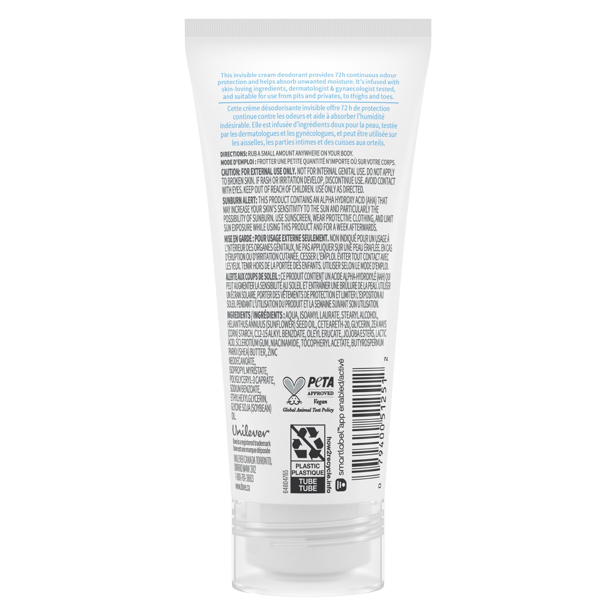 An image showing the frontside view of the Dove Whole Body pH Balancing Deodorant Cream Unscented Hypoallergenic product packaging.