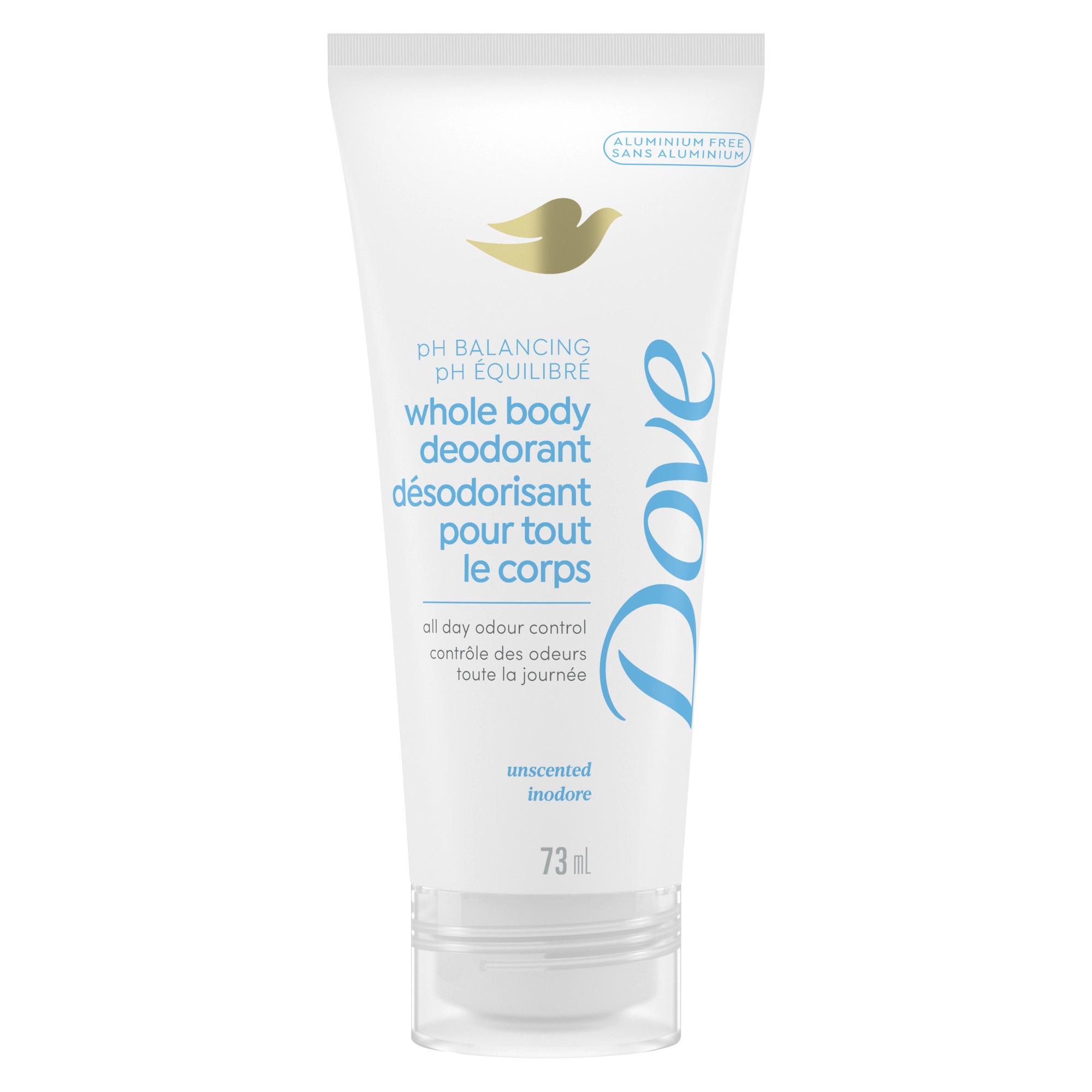 An image showing the frontside view of the Dove Whole Body pH Balancing Deodorant Cream Unscented Hypoallergenic product packaging.