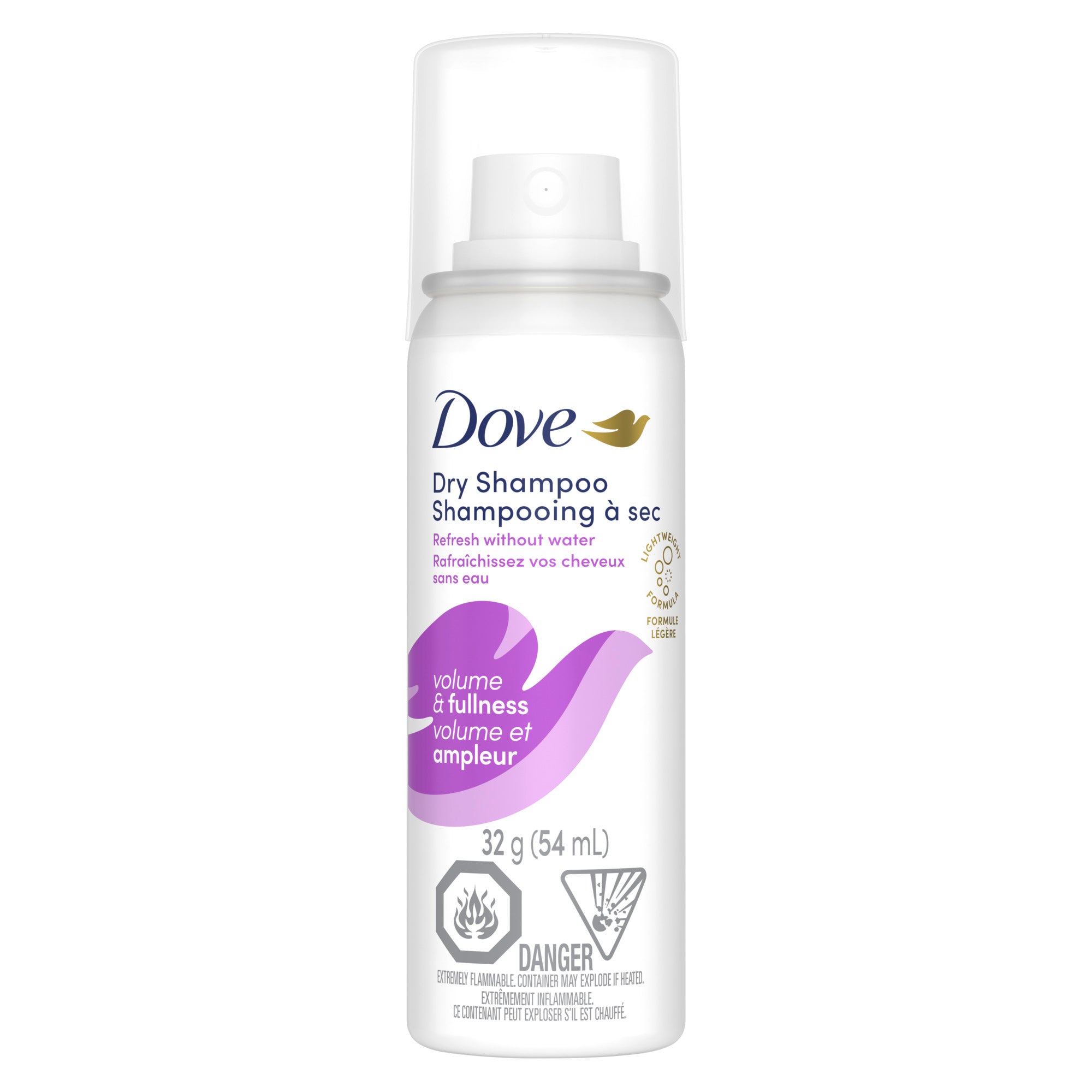 A front view of the white and purple Dove Dry Shampoo 32g (54mL) spray can.
