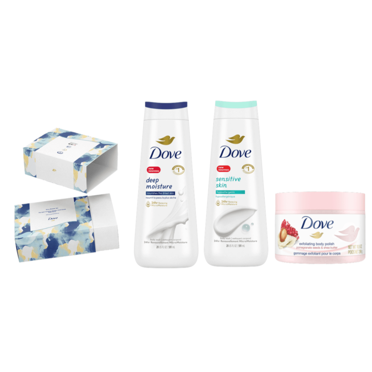 An image showing the products included in the Dove Shower Set. They include the Dove Deep Moisture Body Wash, Dove Sensitive Skin Body Wash, and Dove Pomegranate Seeds &amp; Shea Butter Body Polish.