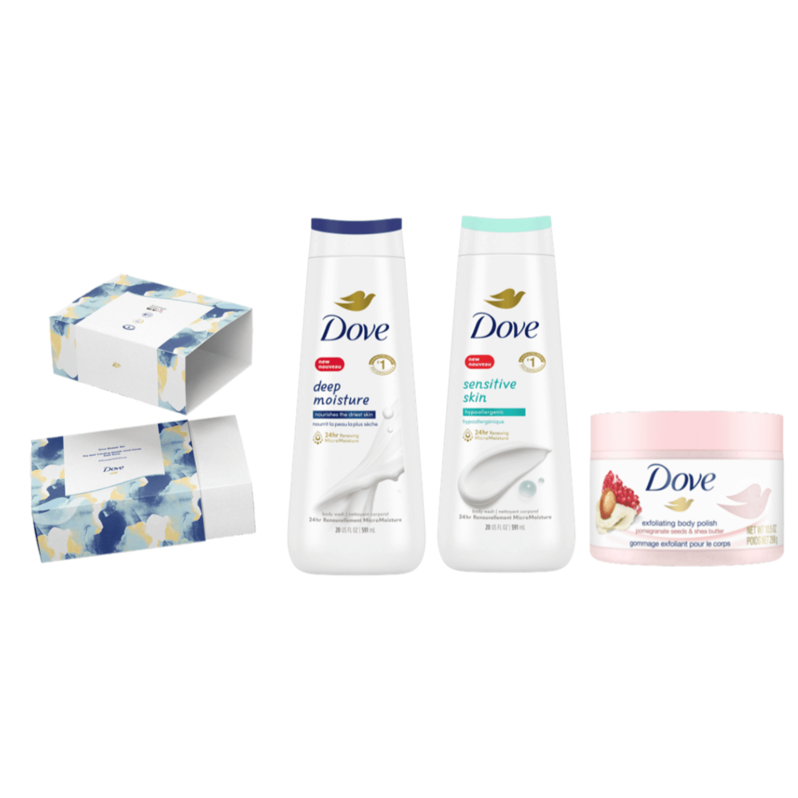An image showing the products included in the Dove Shower Set. They include the Dove Deep Moisture Body Wash, Dove Sensitive Skin Body Wash, and Dove Pomegranate Seeds & Shea Butter Body Polish.