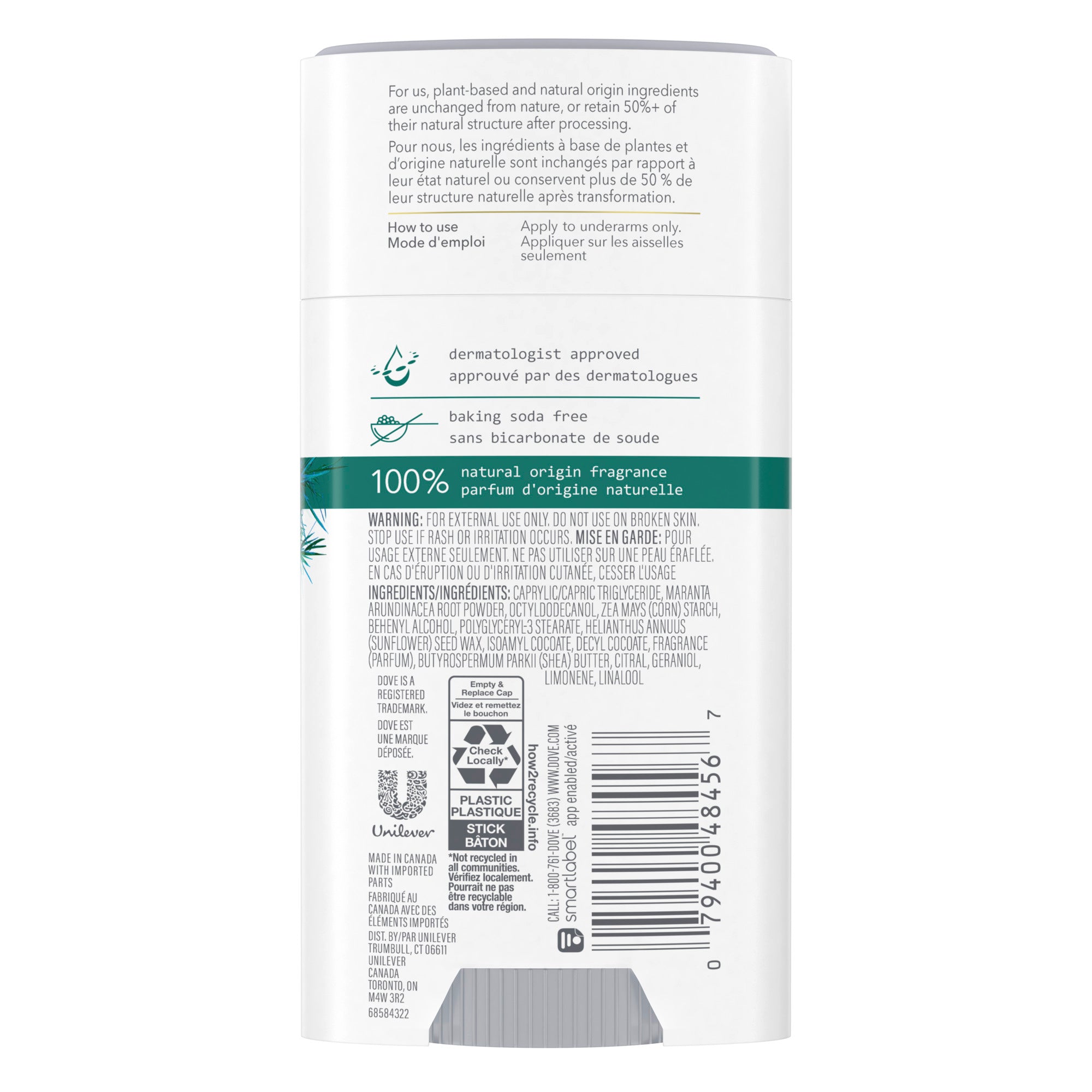 An image showing the frontside view of the Dove Care by Plants Tea Tree Deodorant product packaging.