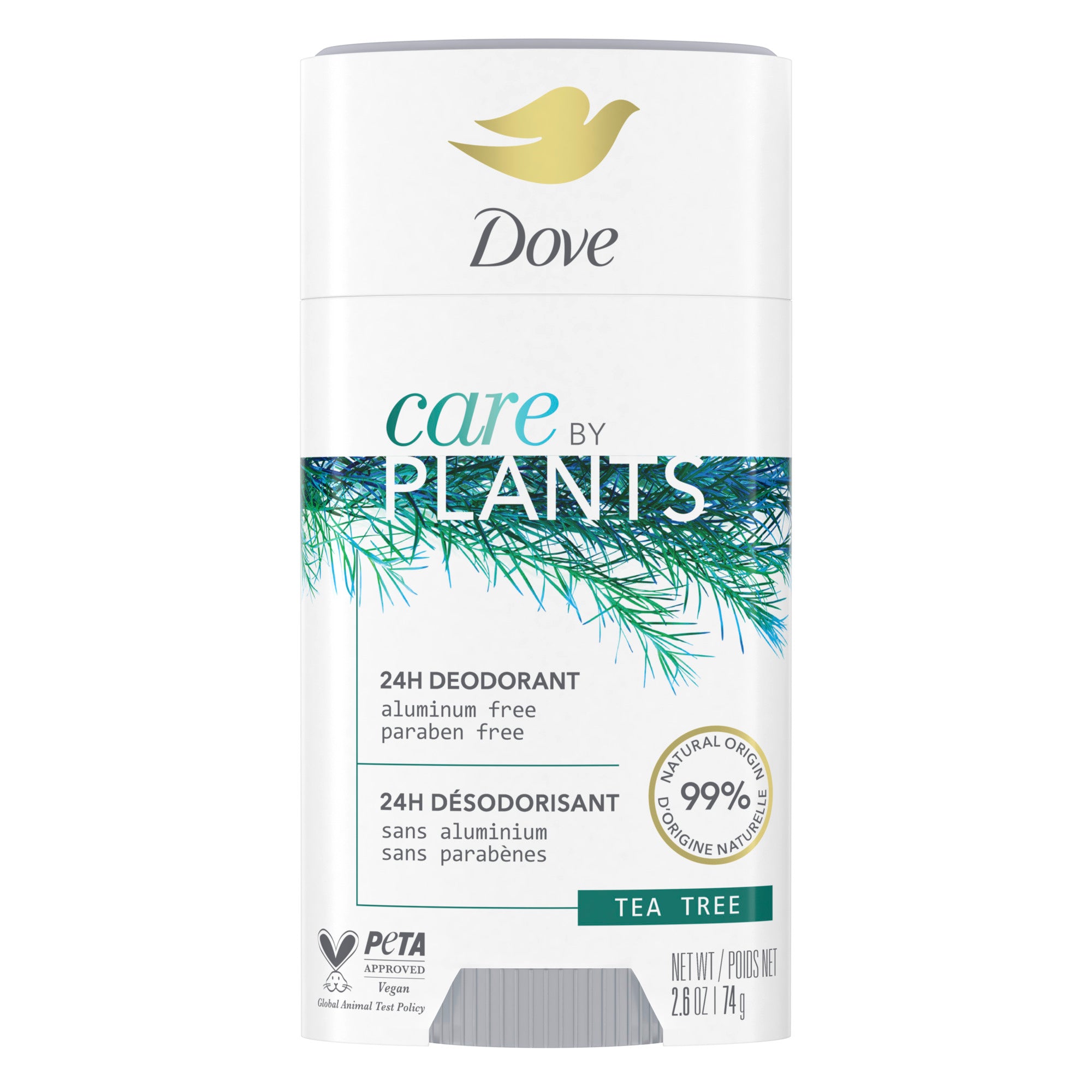 An image showing the frontside view of the Dove Care by Plants Tea Tree Deodorant product packaging.