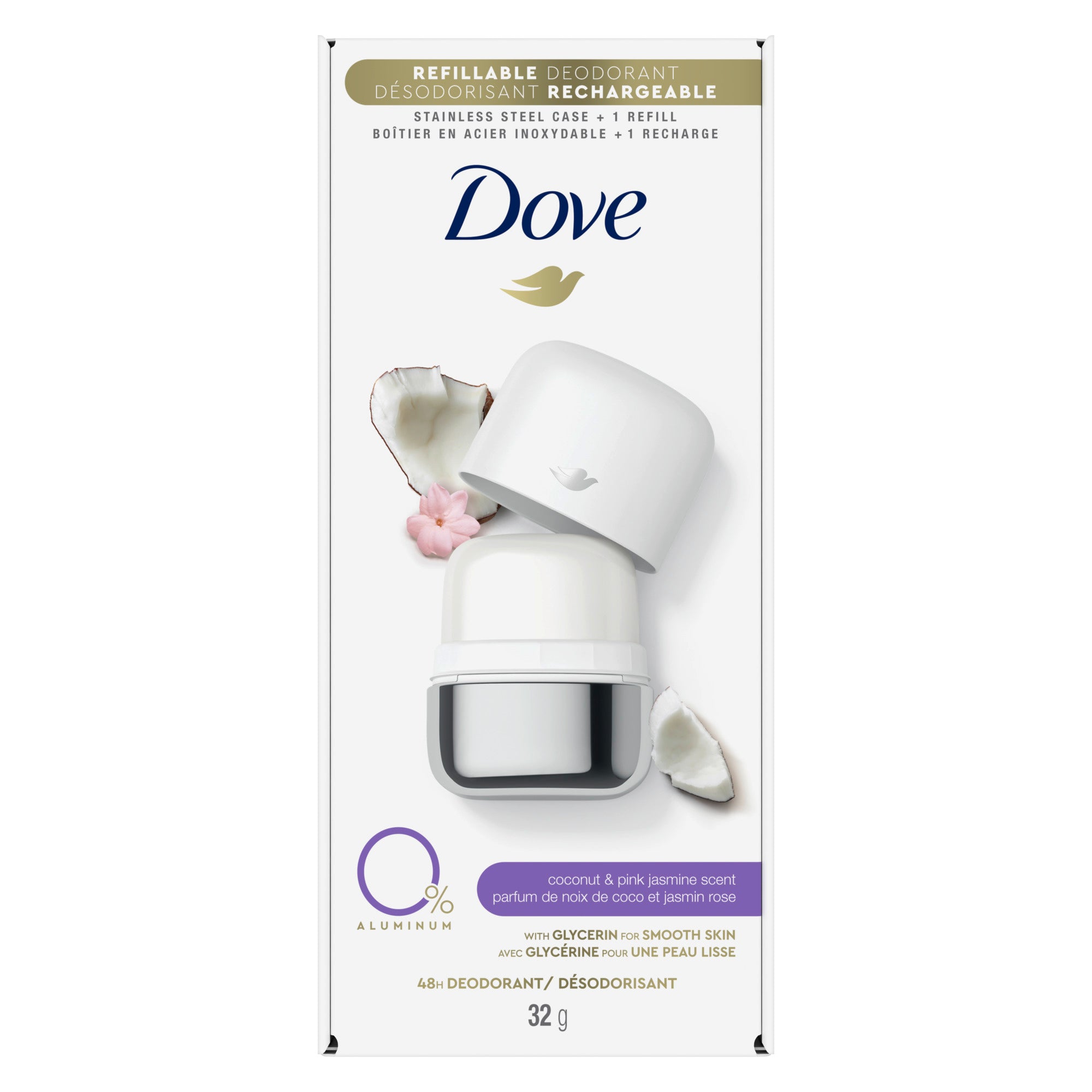 An image showing the frontside view of the Dove Coconut and Pink Jasmine Starter Kit product packaging.