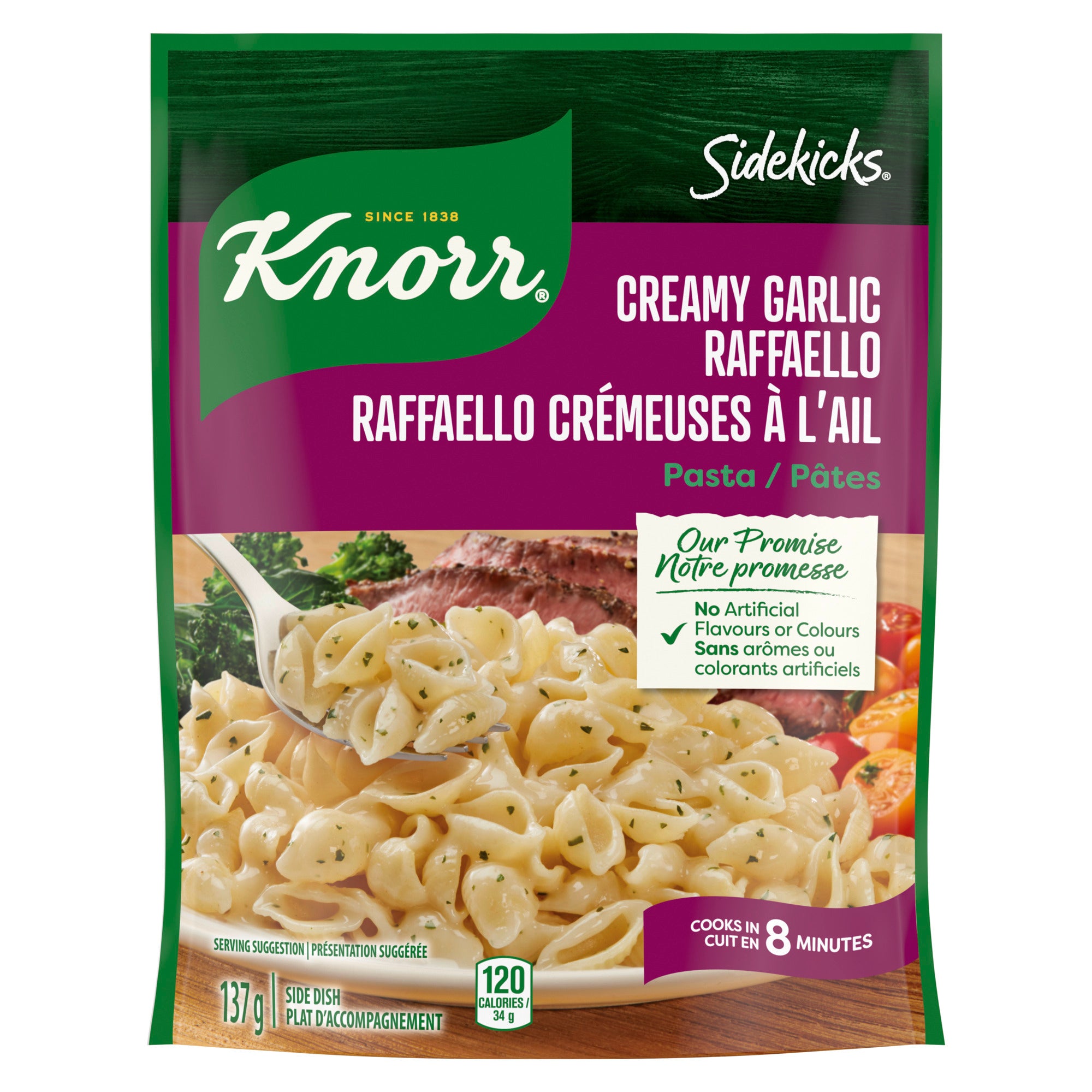 Showing the frontside view of the Knorr Sidekicks® Creamy Garlic Raffaello Pasta Side Dish 137g's green and purple packaging.