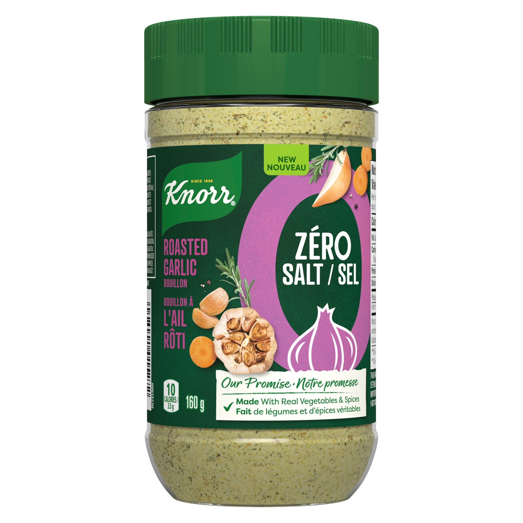Showing the frontside view of the Knorr Zero Salt Roasted Garlic Bouillon Powder 160g product.