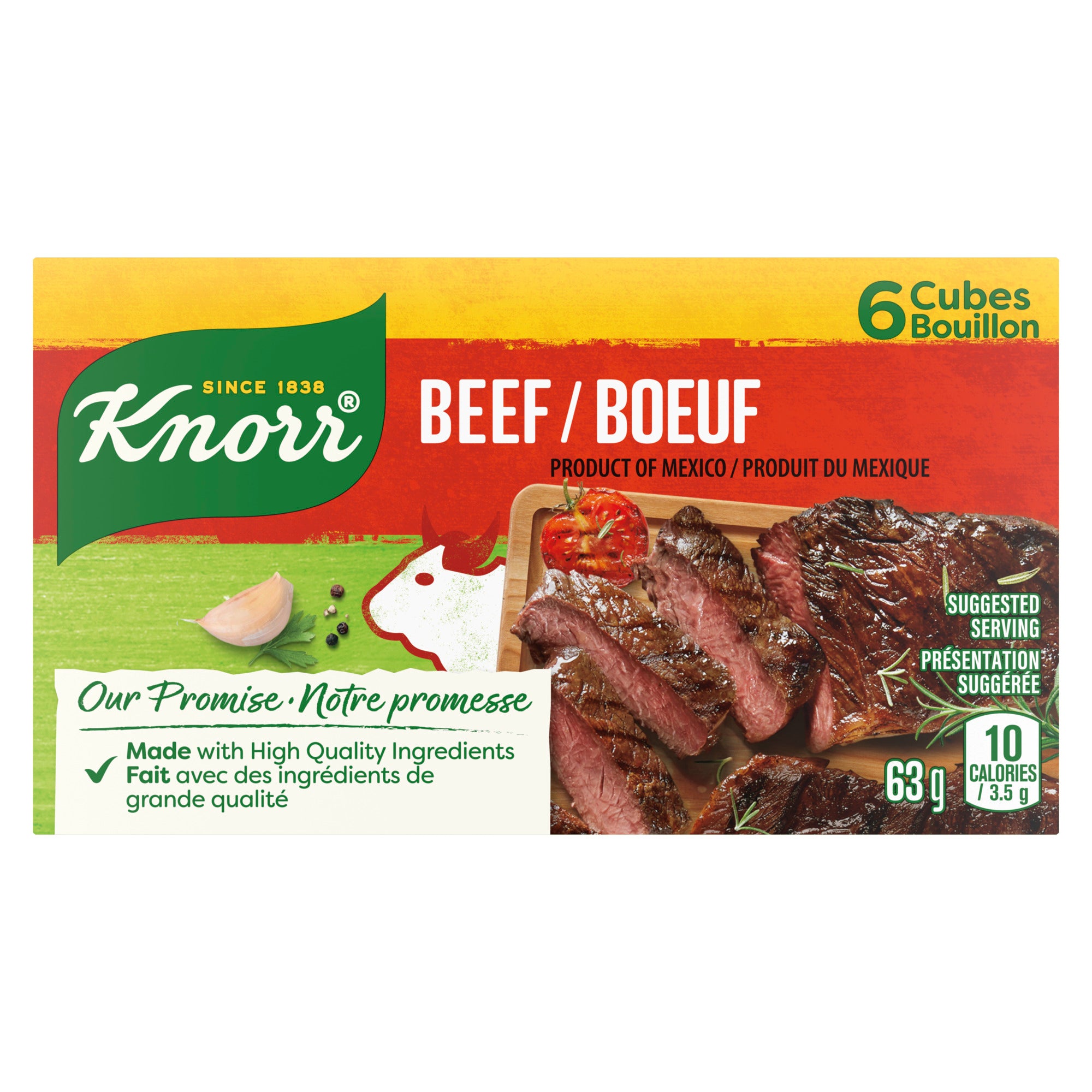 An image showing the frontside view of the Knorr Beef Bouillon Cubes product packaging.