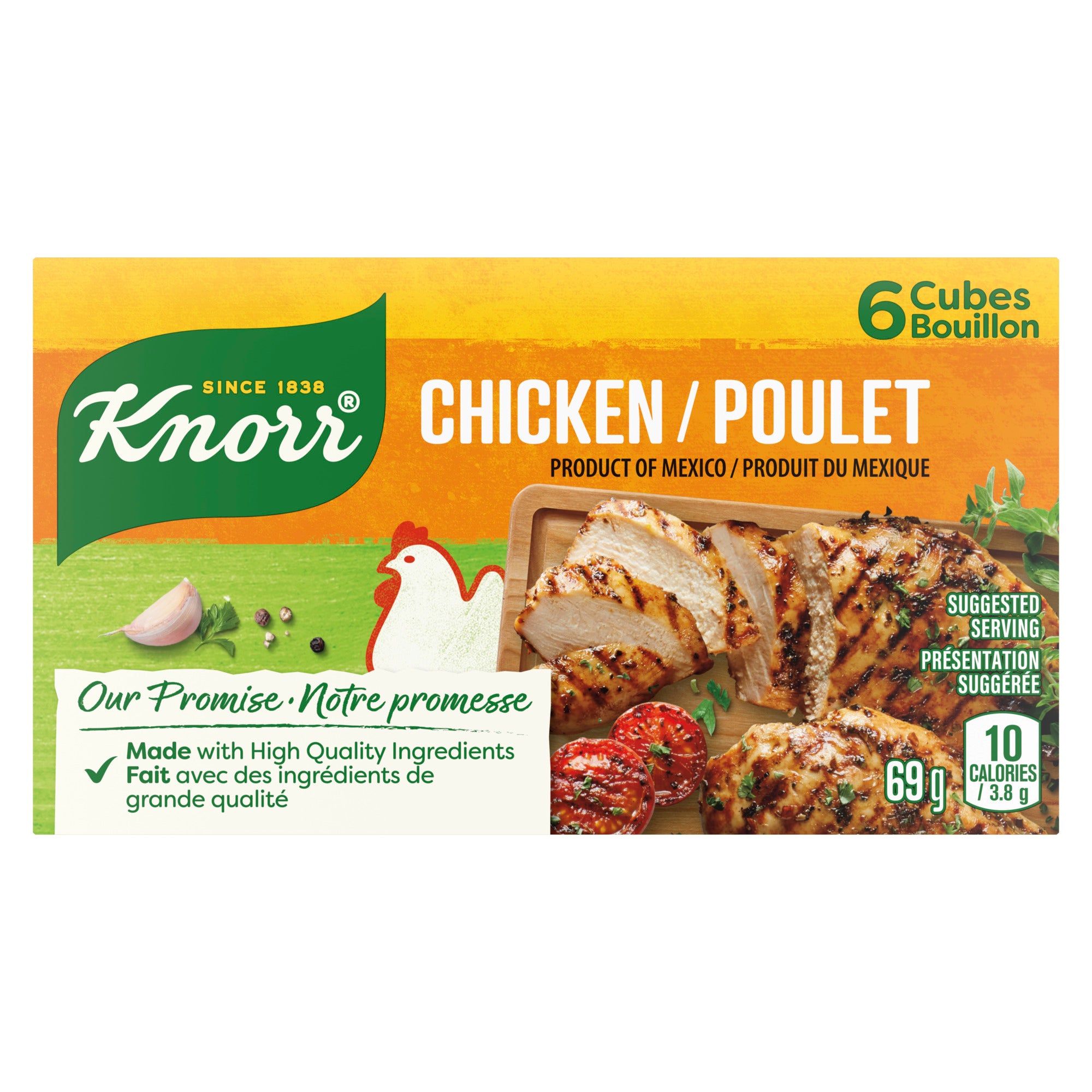 An image showing the frontside view of the Knorr Chicken Bouillon Cubes product packaging.