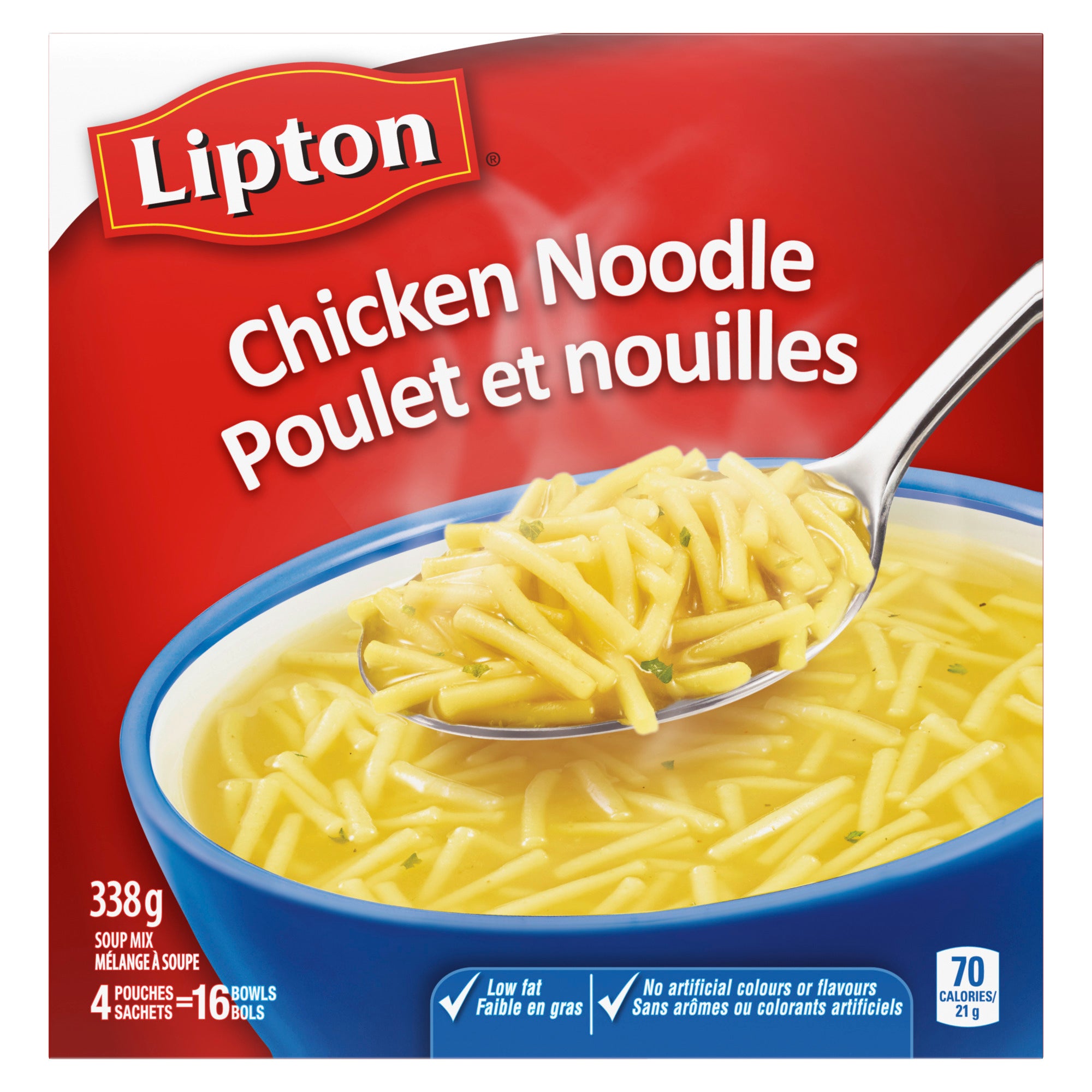 An image showing the frontside view of the Knorr Lipton Classic Chicken Noodle Soup product packaging.