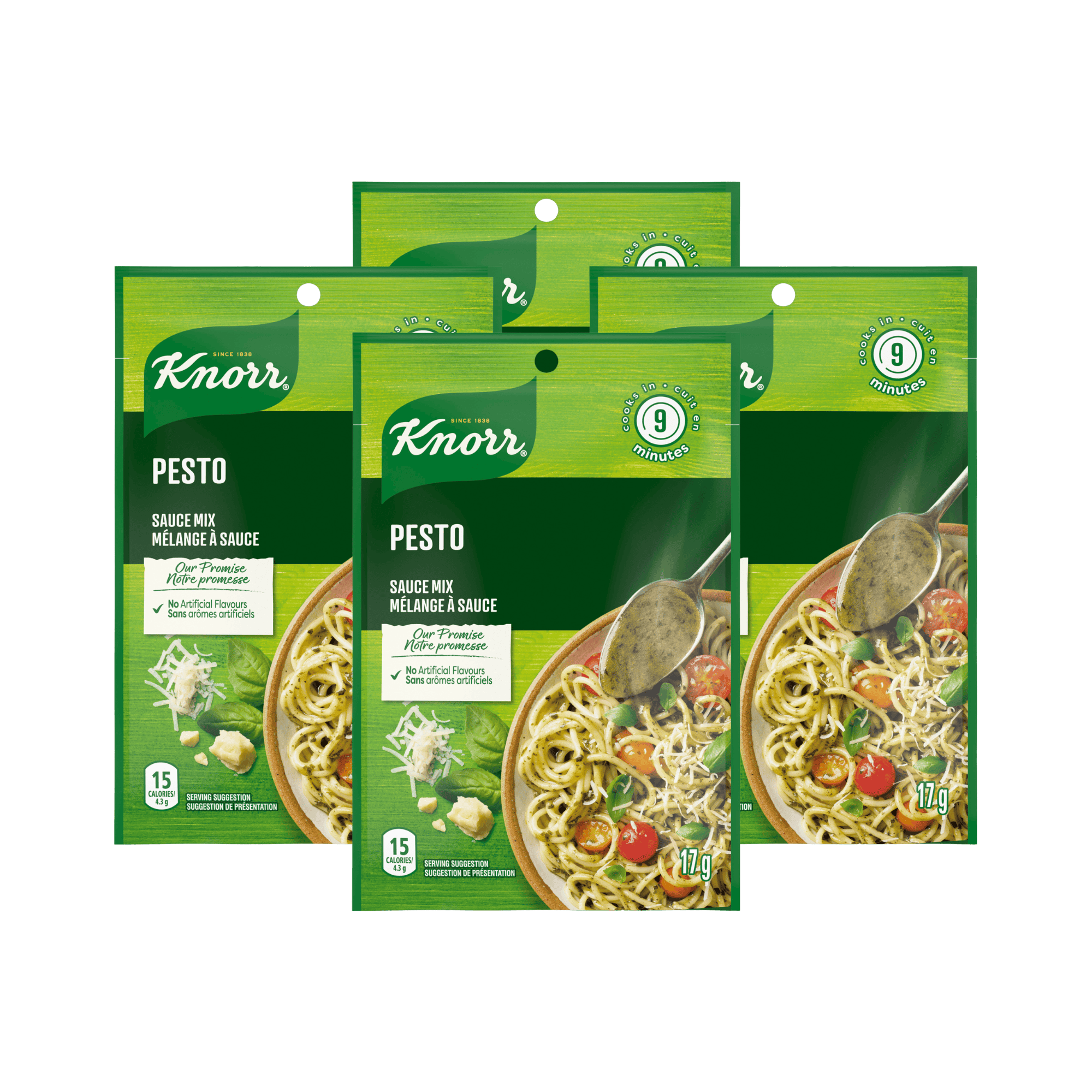 An image showing the frontside view of the 4 pack of Knorr Pesto Pasta Sauce product packaging.