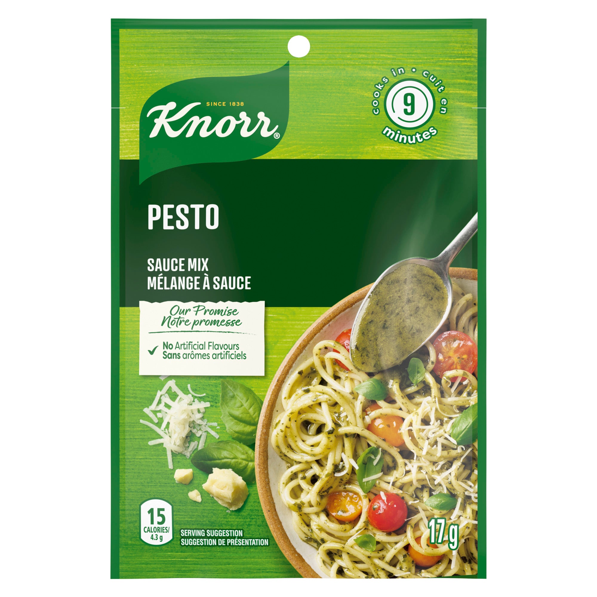 An image showing the frontside view of the Knorr Pesto Pasta Sauce product packaging.