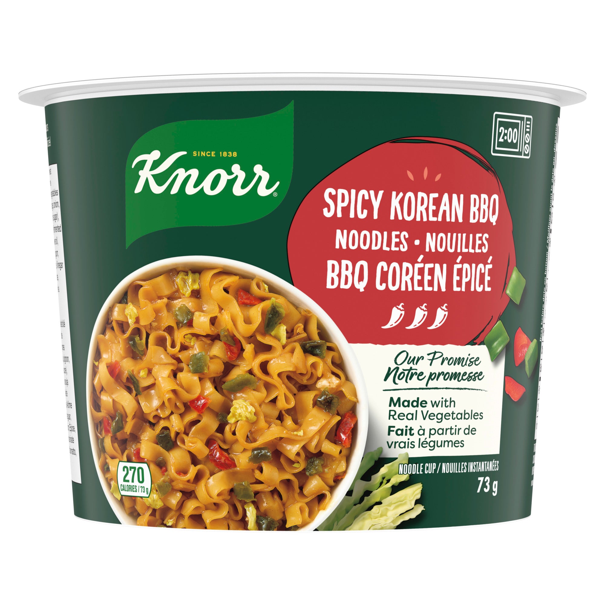 An image showing the frontside view of the Knorr Spicy-Korean BBQ Noodle Cup product packaging.