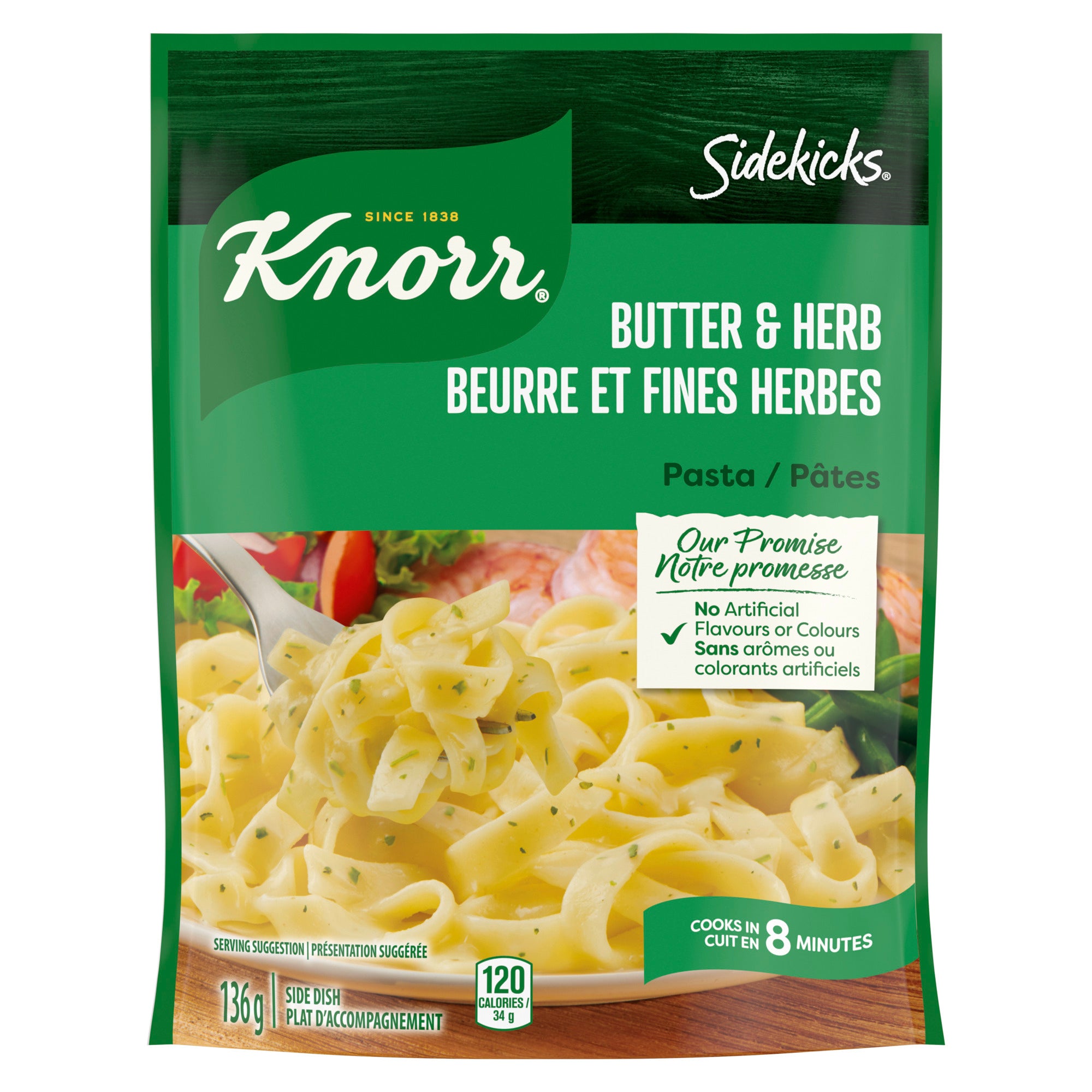 An image showing the frontside view of the Knorr® Sidekicks® Butter and Herb Pasta Side Dish product packaging.