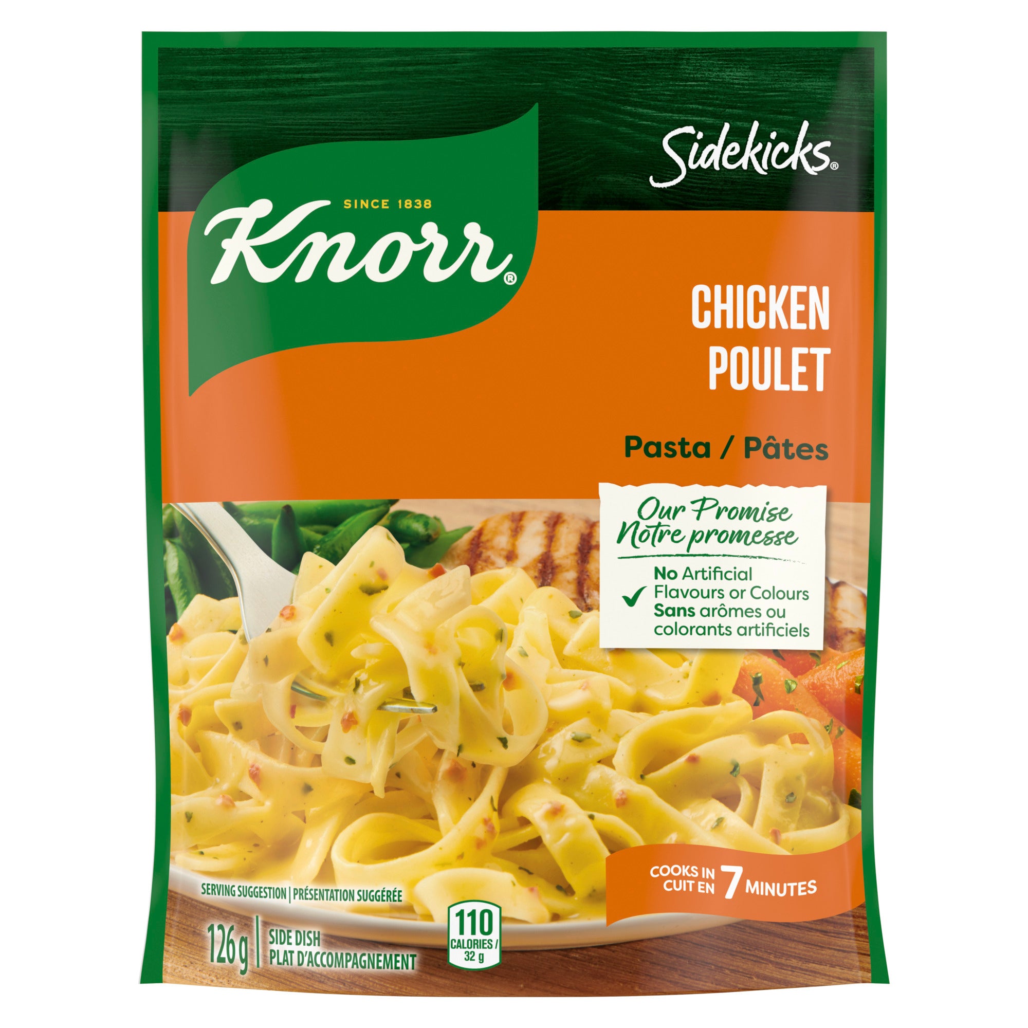 An image showing the frontside view of the Knorr Sidekicks Chicken Pasta product packaging.