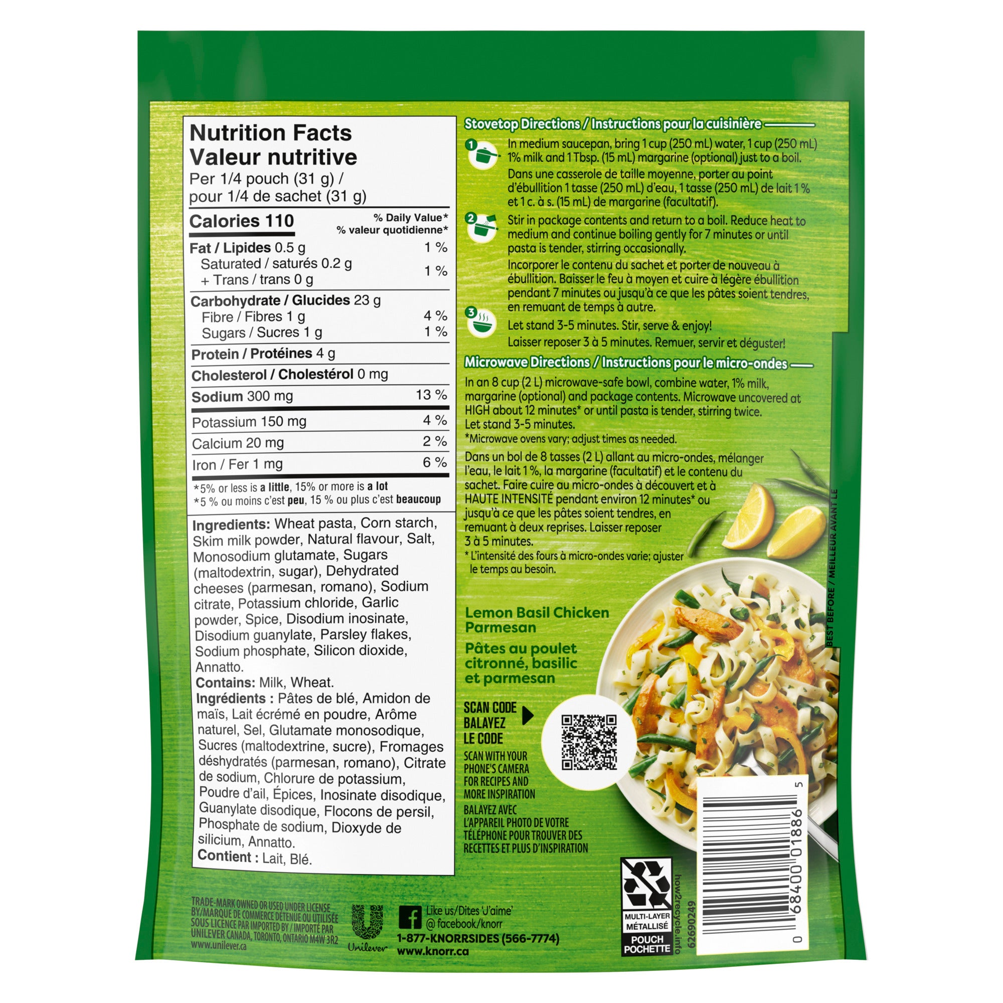 An image showing the frontside view of the Knorr Sidekicks Creamy Parmesan Pasta product packaging.