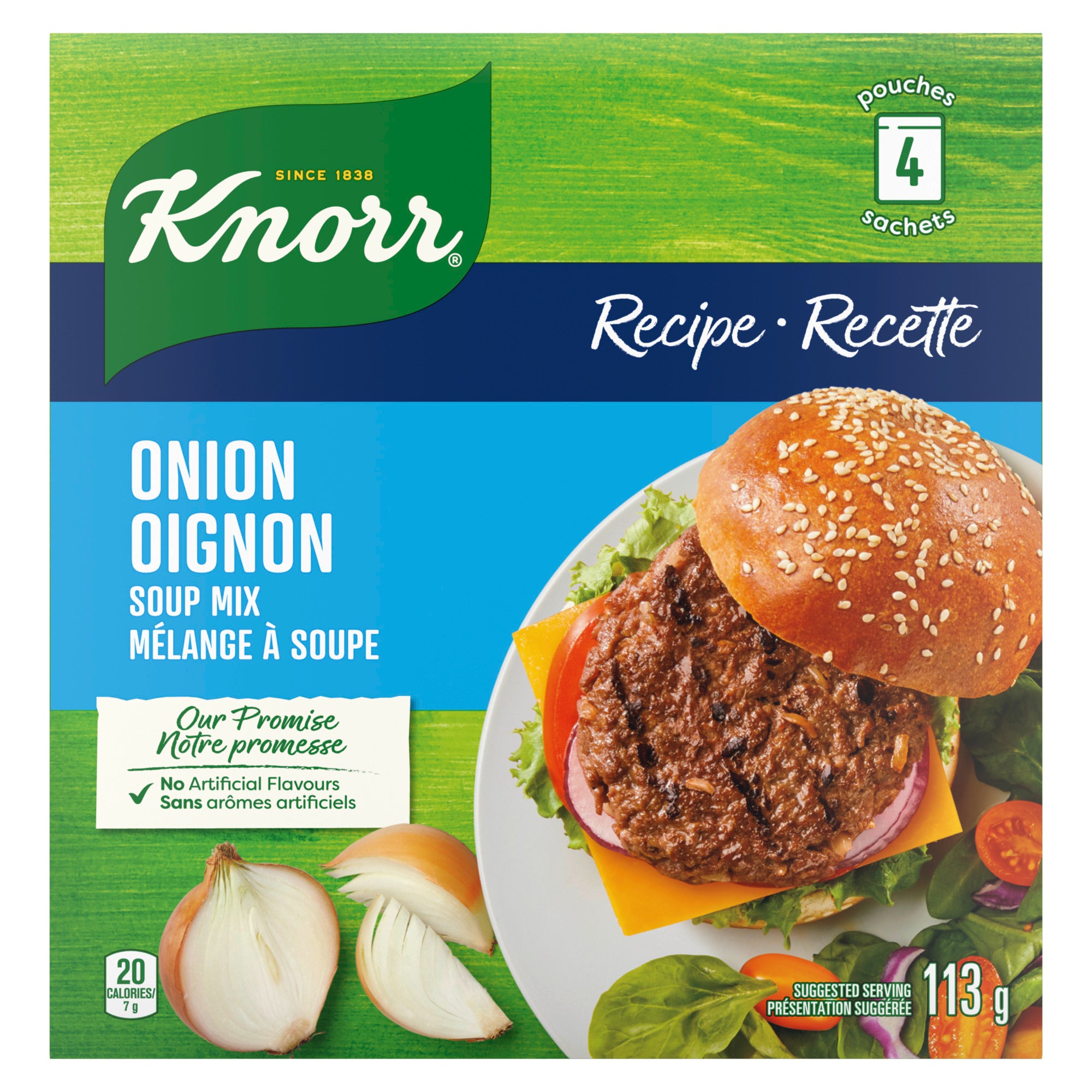 Showing the front angle view of the green Knorr® Recipe Onion Soup Mix 113g product packaging.