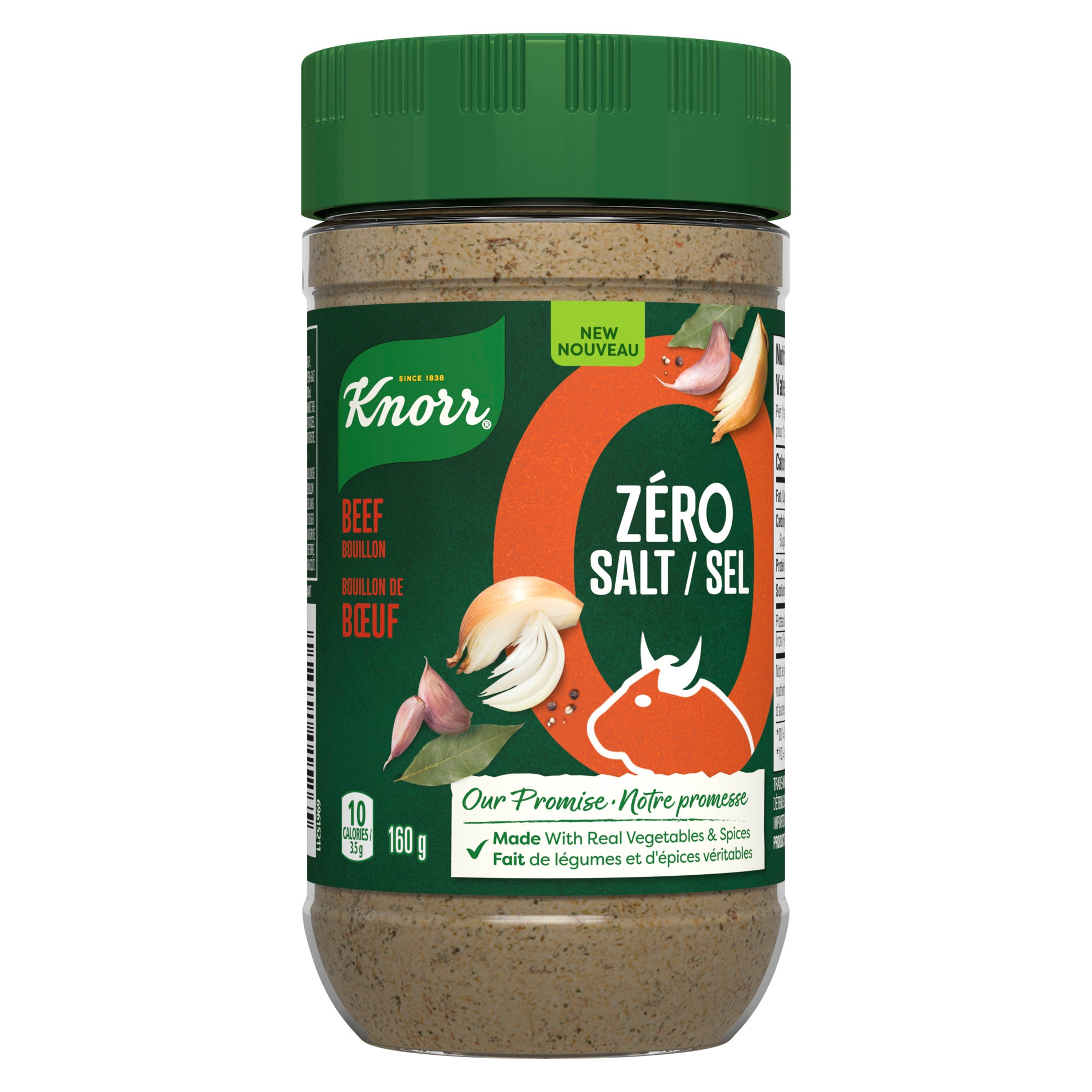 Showing the frontside view of the Knorr Zero Salt Beef Bouillon Powder 160g product.