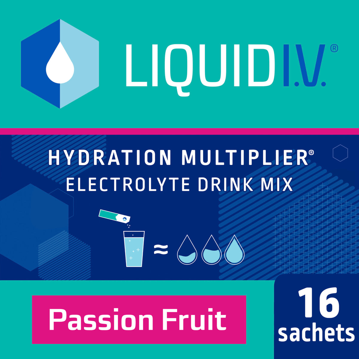 Showing the mobile-ready front angle view of the blue and green Liquid I.V. Hydration Multiplier Passion Fruit product packaging.