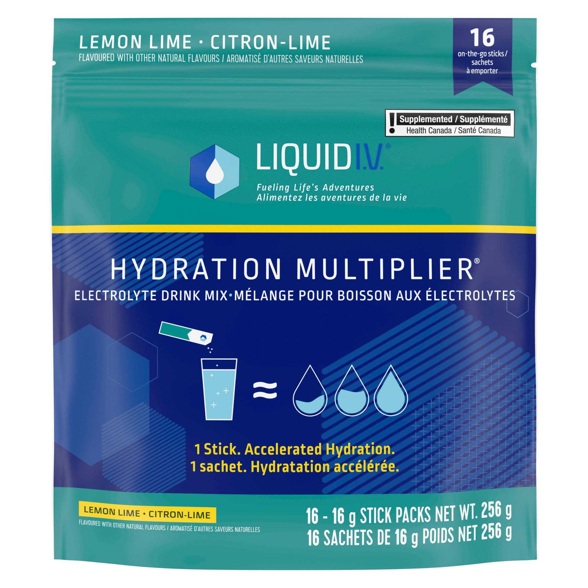 Showing the front angle view of the blue and green Liquid I.V. Hydration Multiplier Lemon Lime product packaging.