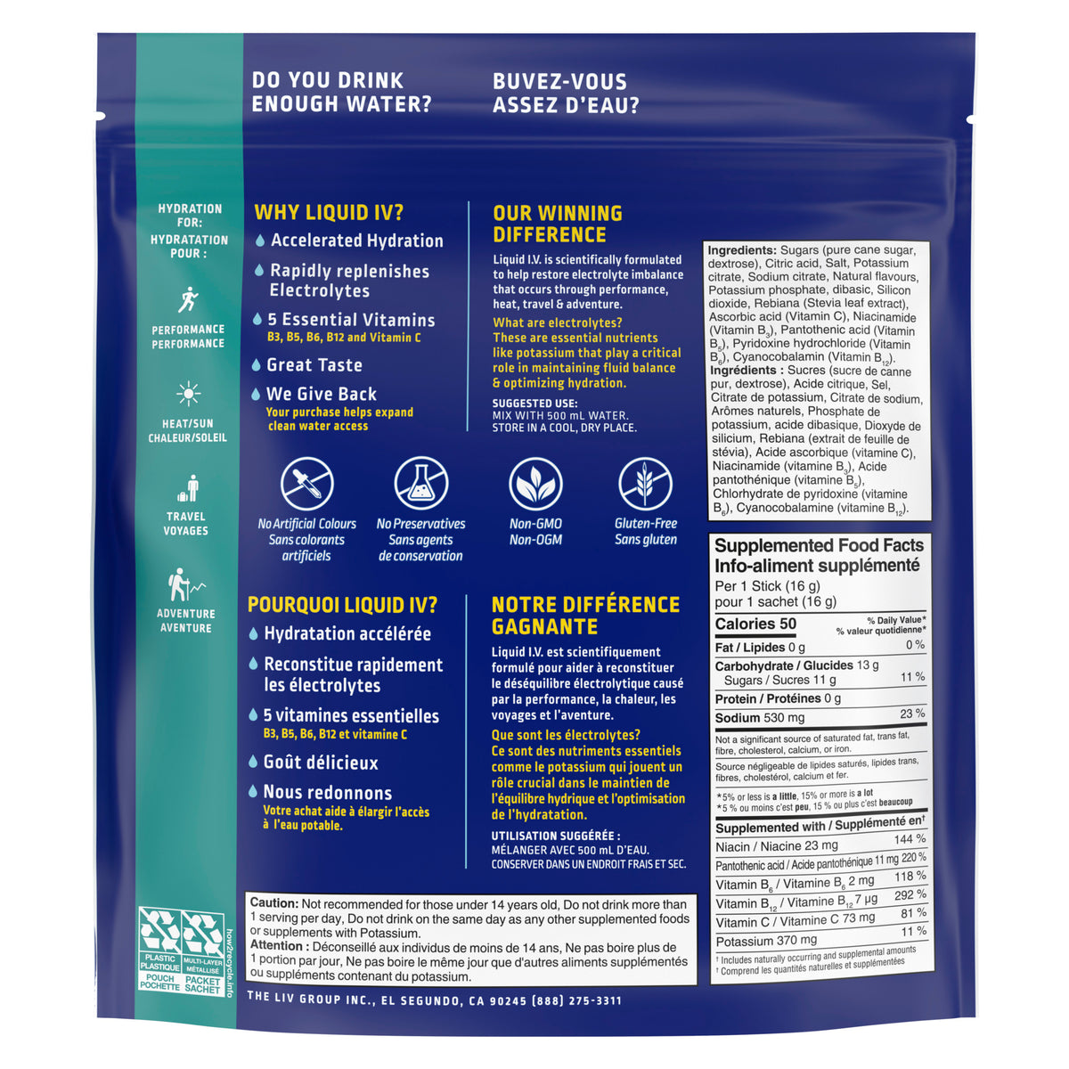 Showing the back angle view of the blue and green Liquid I.V. Hydration Multiplier Passion Fruit product packaging.