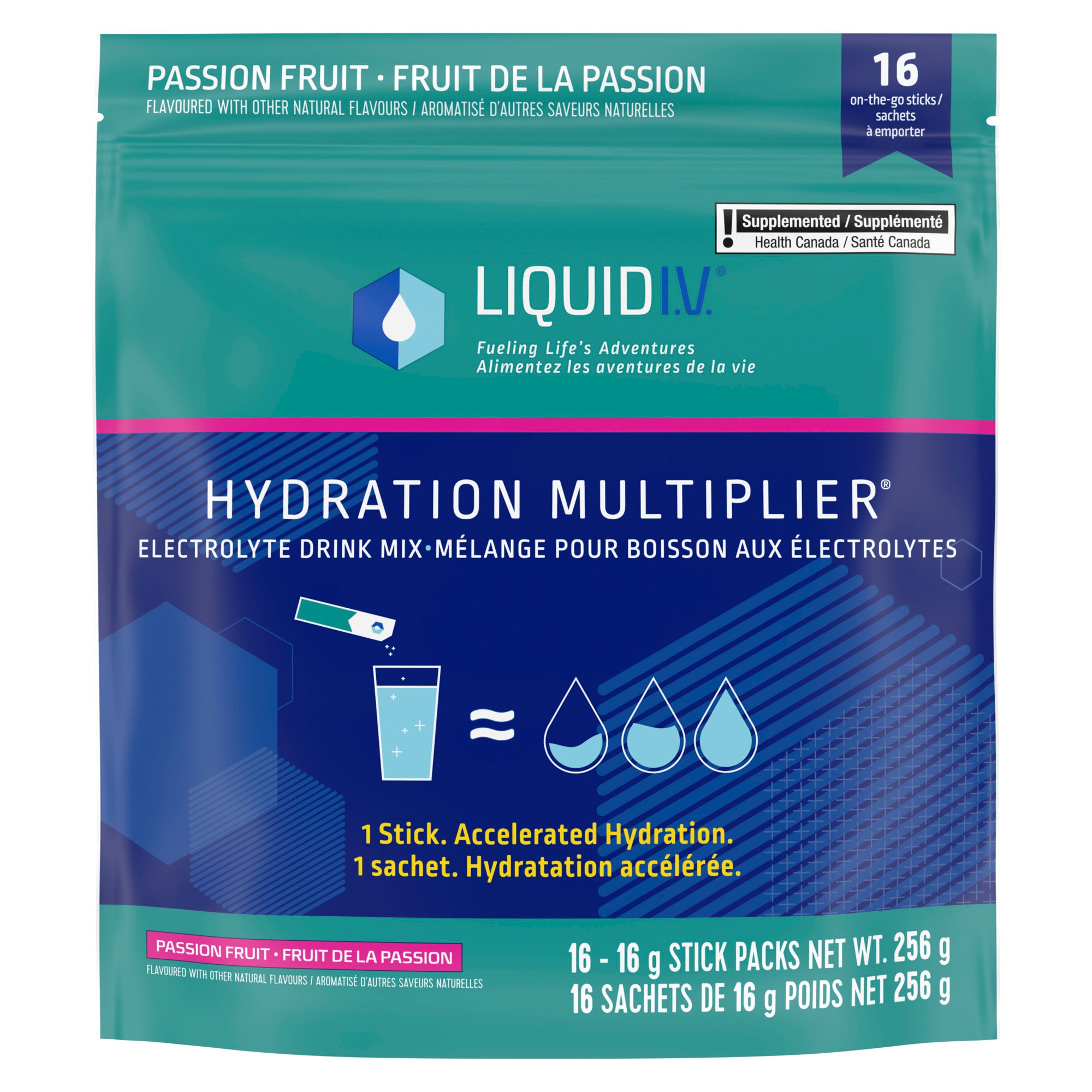 Showing the front angle view of the blue and green Liquid I.V. Hydration Multiplier Passion Fruit product packaging.