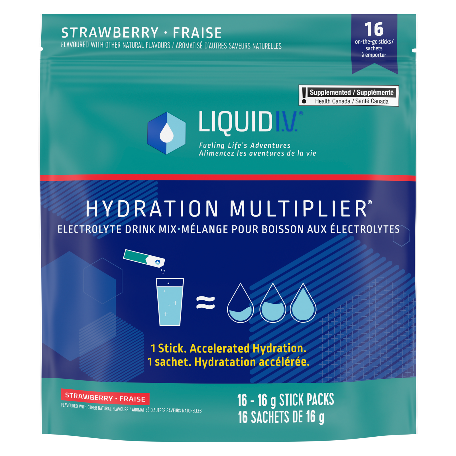 Showing the front angle view of the green & blue Liquid I.V. Hydration Multiplier Strawberry product packaging.