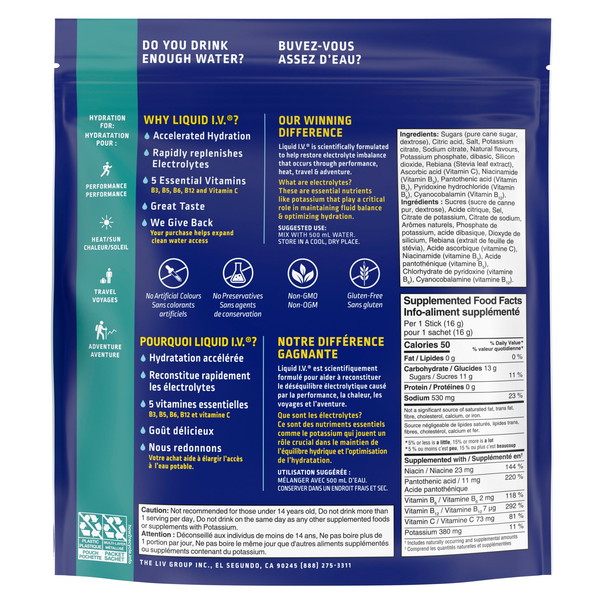 Showing the front angle view of the green & blue Liquid I.V. Hydration Multiplier Strawberry product packaging.