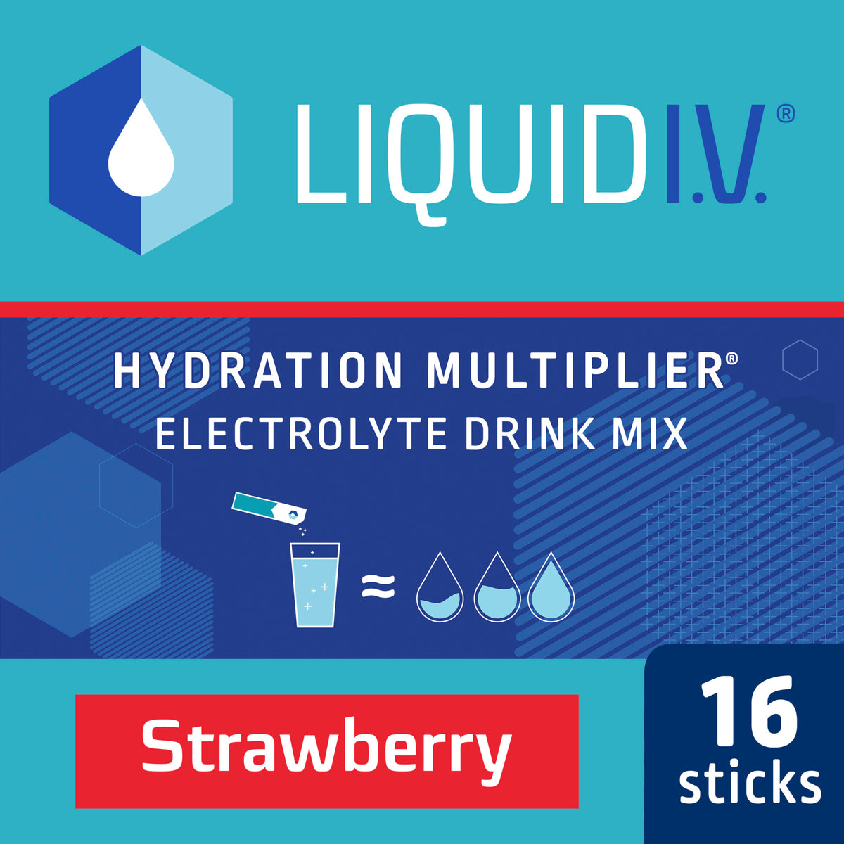 Showing the mobile-ready front angle view of the green &amp; blue Liquid I.V. Hydration Multiplier Strawberry product packaging.
