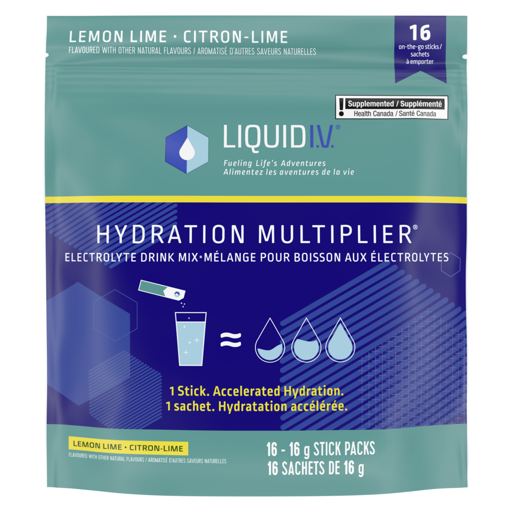 Showing the front angle view of the blue and green Liquid I.V. Hydration Multiplier Lemon Lime product packaging.
