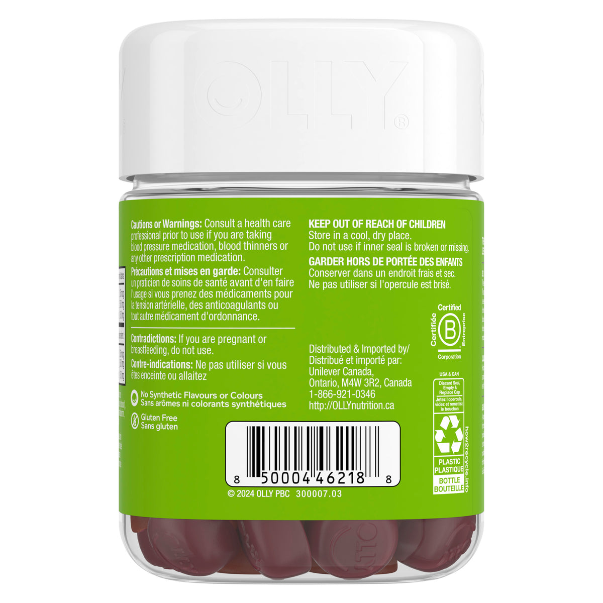 An image of the green &amp; white back side of the OLLY® Daily Energy product packaging.