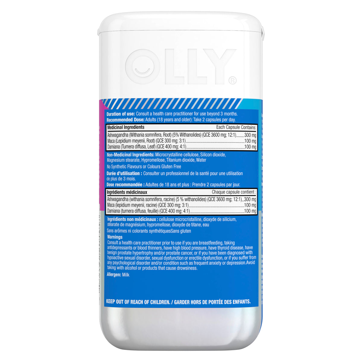 An image showing the backside view of the OLLY® Lovin’ Libido Supplement Capsules product packaging.