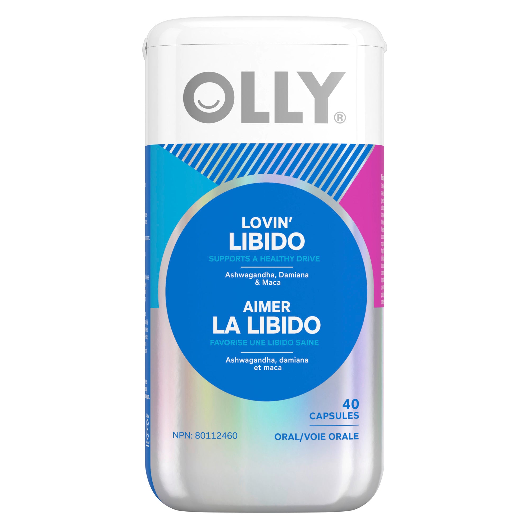 An image showing the frontside view of the OLLY® Lovin’ Libido Supplement Capsules product packaging.