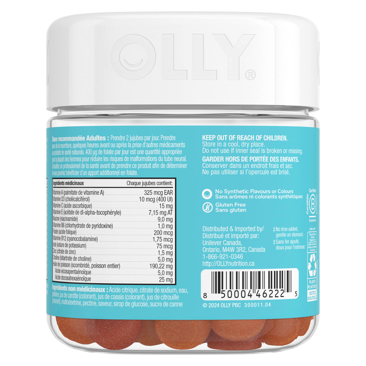 An image showing the backside view of the OLLY® Prenatal Multi Gummies product packaging.