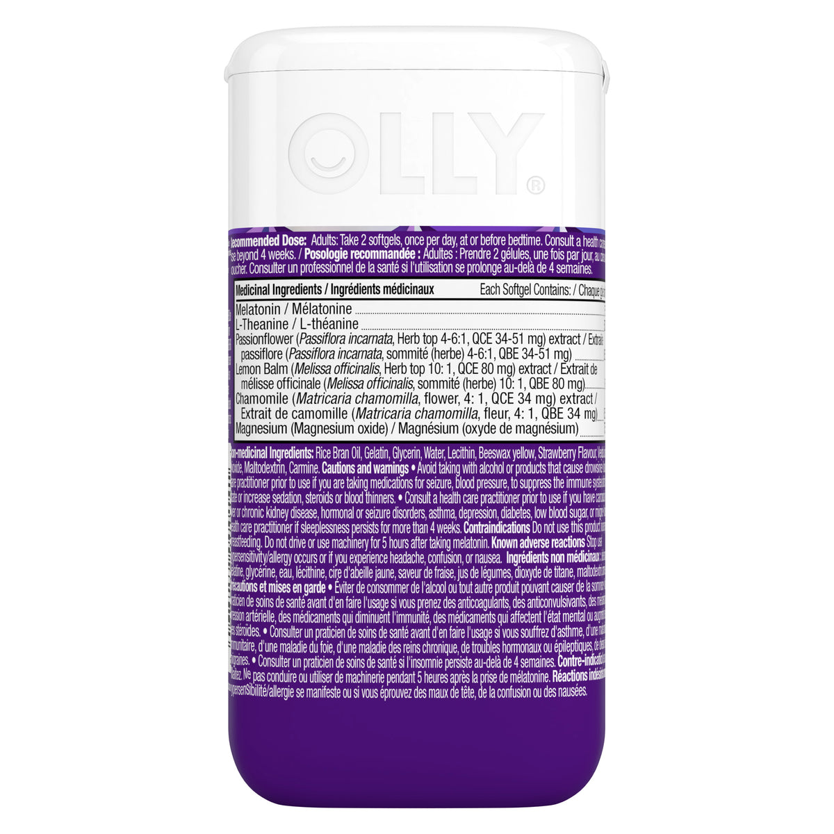 An image showing the backside view of the OLLY Ultra Strength Sleep Softgels product.