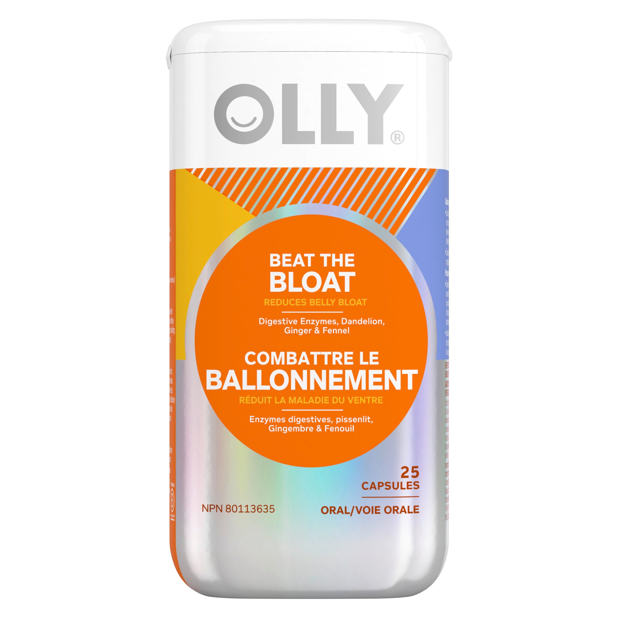 Frontside view of the OLLY Beat The Bloat 25 Capsules packaging.